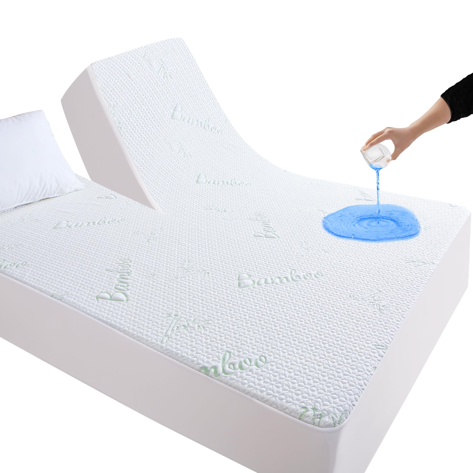 Goonik Split Top King Mattress Protector For Adjustable Bed, Breathable Bamboo Viscose Waterproof Split Top King Mattress Pad Co