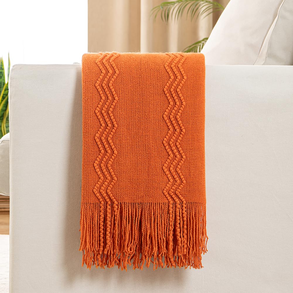 Miulee Burnt Orange Knitted Throw Blanket For Couch Boho Textured Cozy Woven Blanket With Tassels For Sofa Chair Bed Living Room Home Decor Farmhouse Acrylic Wave Pattern 50'X60'