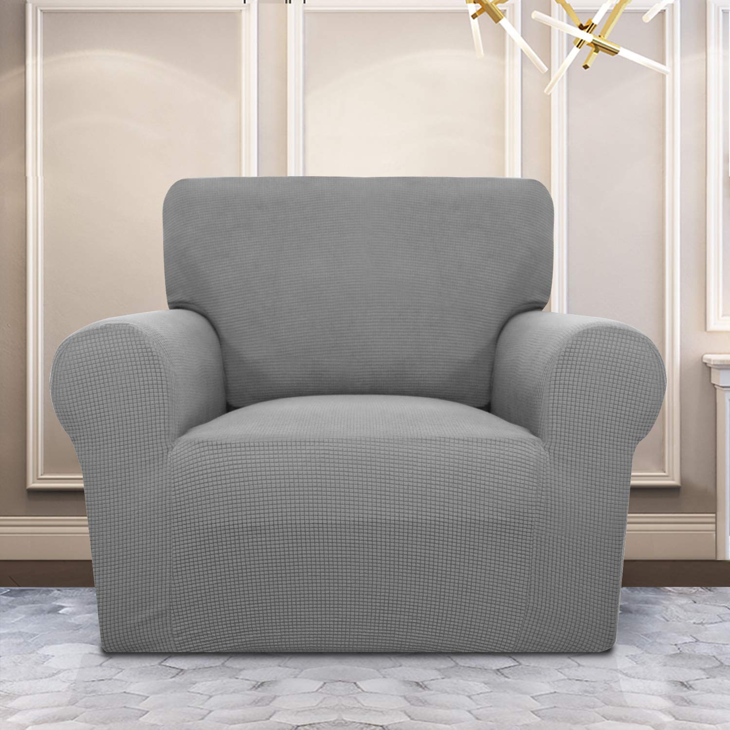 Purefit Stretch Chair Sofa Slipcover – Spandex Jacquard Non Slip Soft Couch Sofa Cover, Washable Furniture Protector With Non Skid Foam And Elastic Bottom For Kids (Chair, Light Gray)