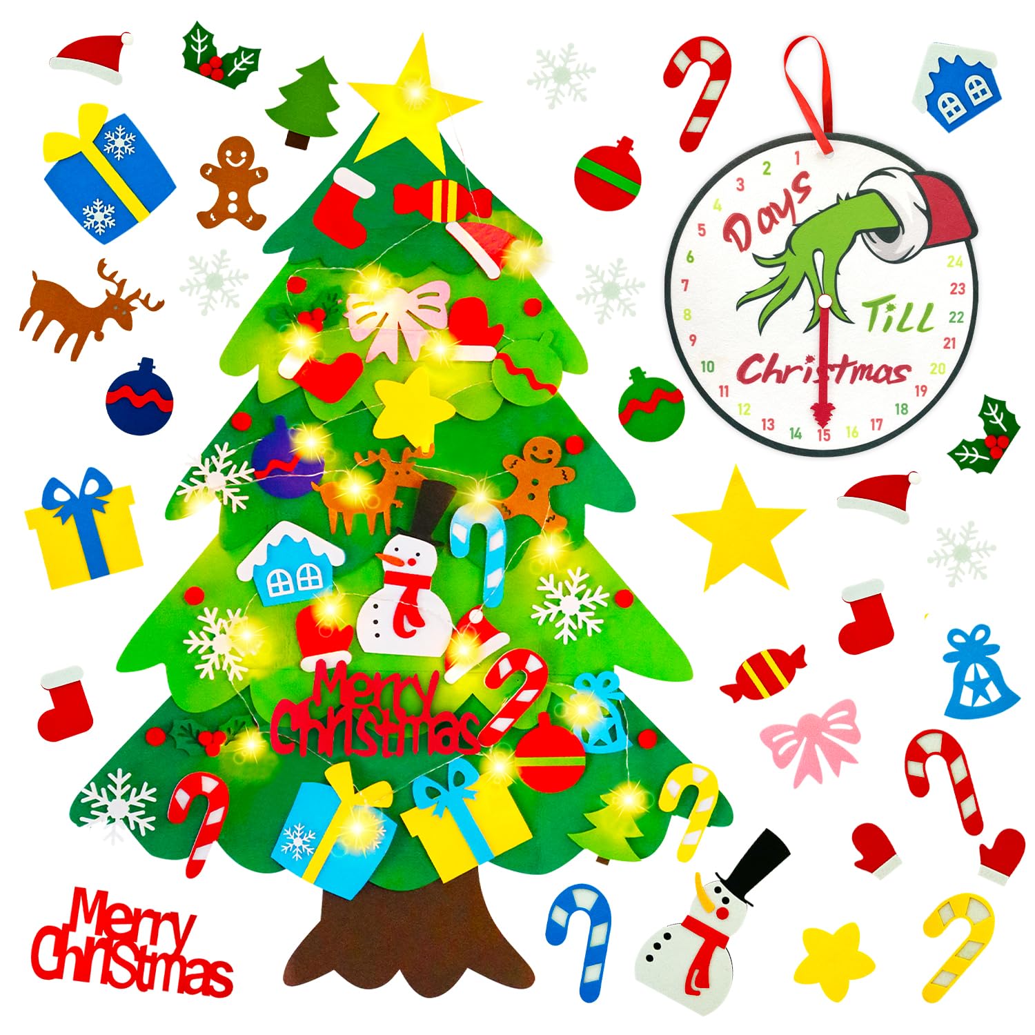 Felt Christmas Tree for Kids Wall, Upgraded Felt Tree Kit with Lights + Advent Calendar + 32 Ornaments, DIY Felt Tree Set Christ