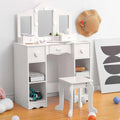 Kids Vanity Set With Mirror, 2 in-1 Wooden Toddler Vanity Table With Stool, Tri-Folding Mirror & Drawer,Princess Pretend Play Ma