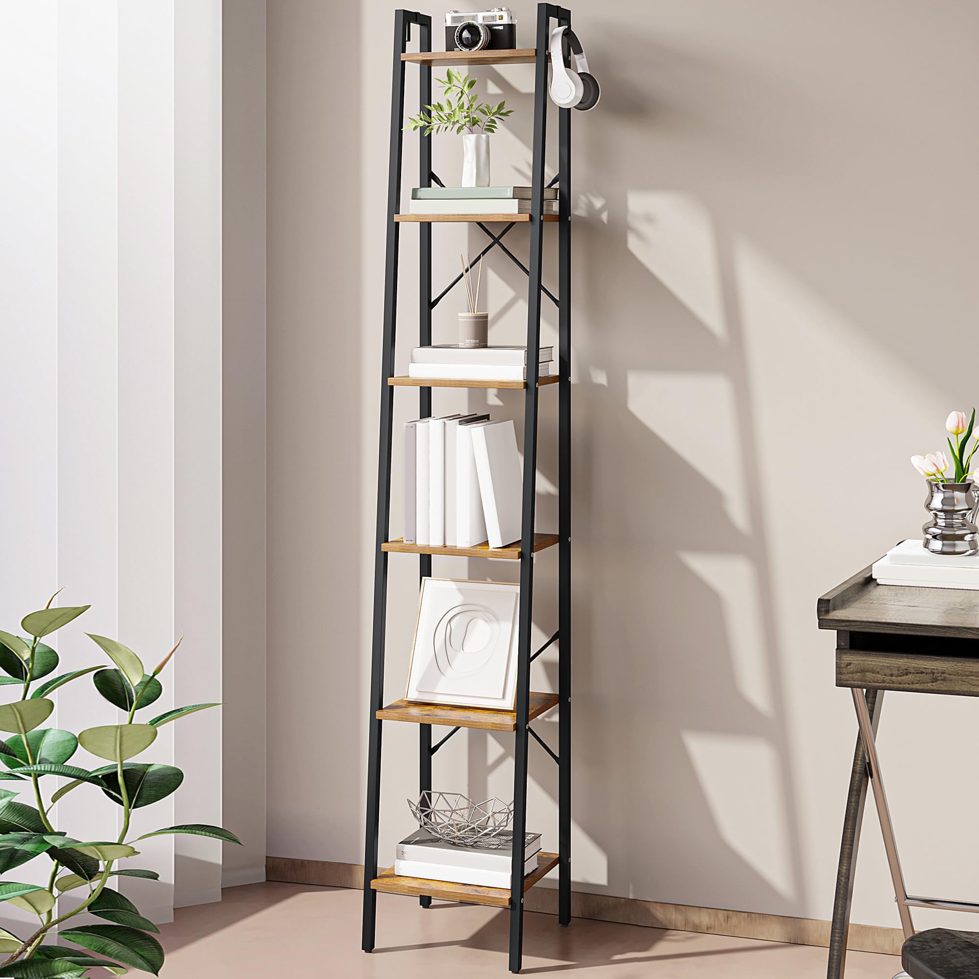 Hzuaneri Ladder Shelf, Bookshelf Bookcase, Freestanding Corner Storage Shelve With 2 Hooks For Home Office, Living Room, Kitchen, Bedroom, Industrial, 6-Tier Rustic Brown Bc13301B