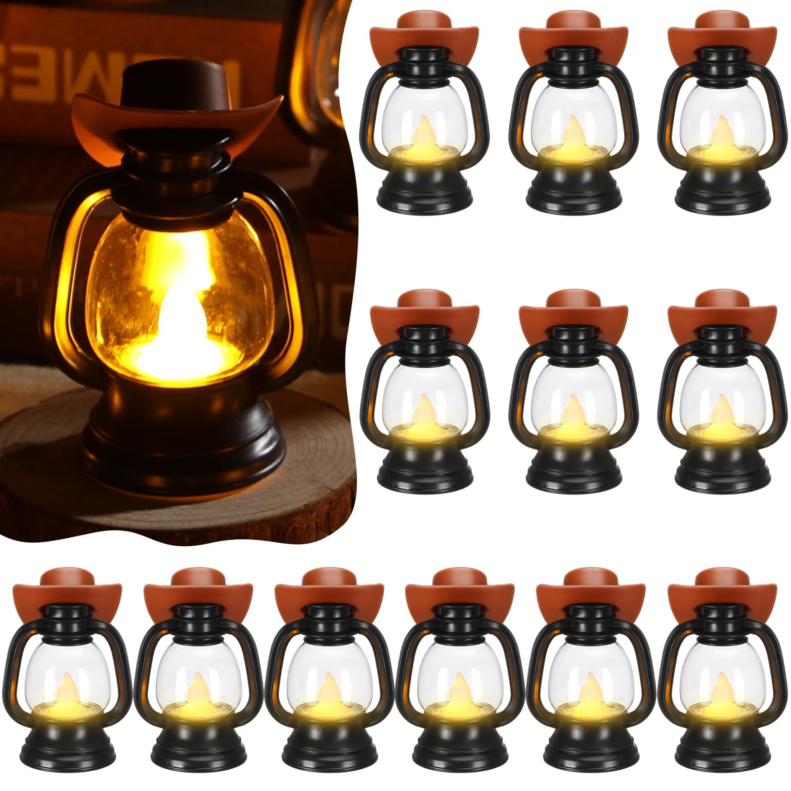 12 Pieces Cowboy Hats Mini Lantern Western Cowgirl Small Lantern Decoration Mini Lantern with LED Candle Western Hanging Table C