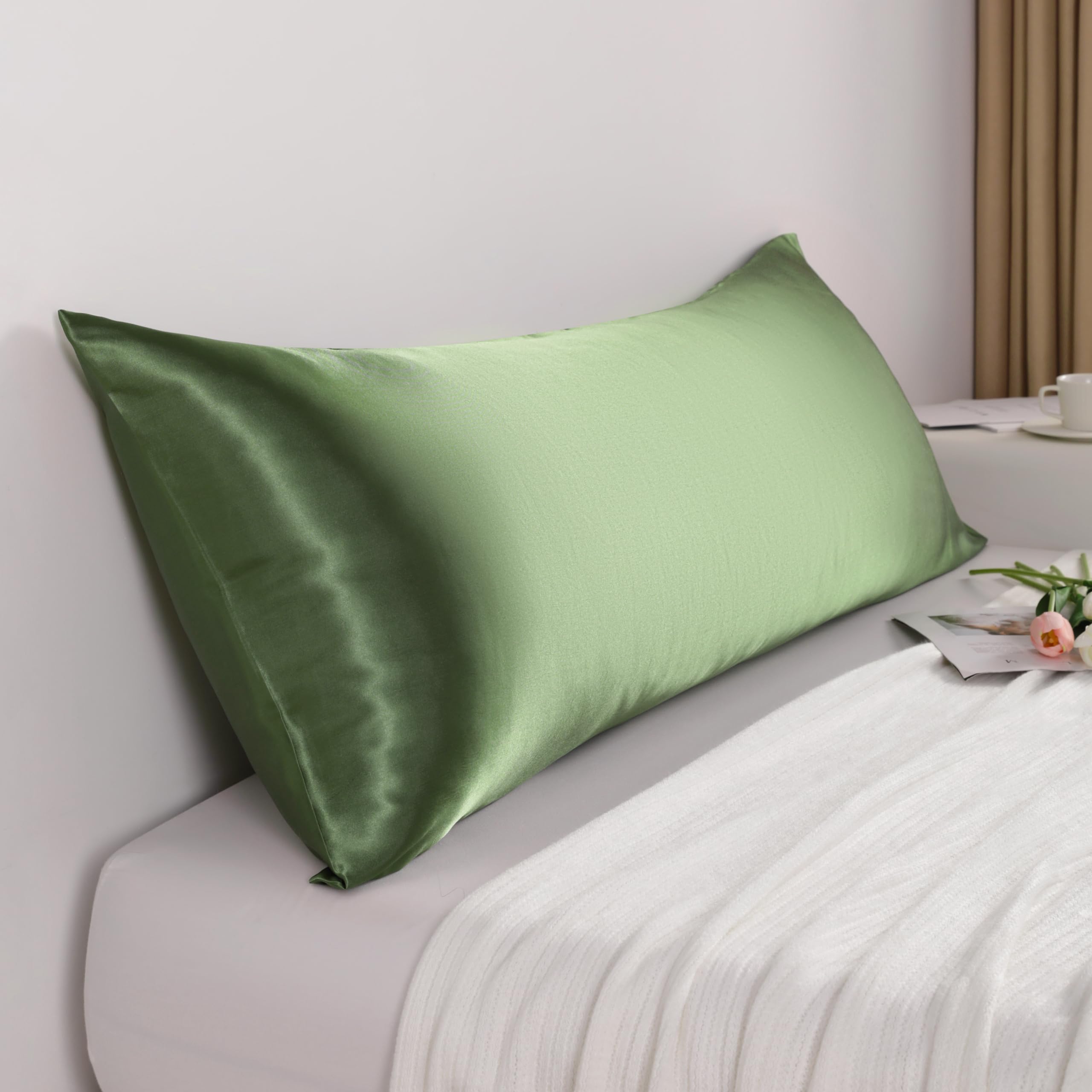 Ntbay Satin Body Pillowcase For Hair And Skin, Luxurious And Silky Pillow Case With Envelope Closure, 20X54 Inches, Olive Green