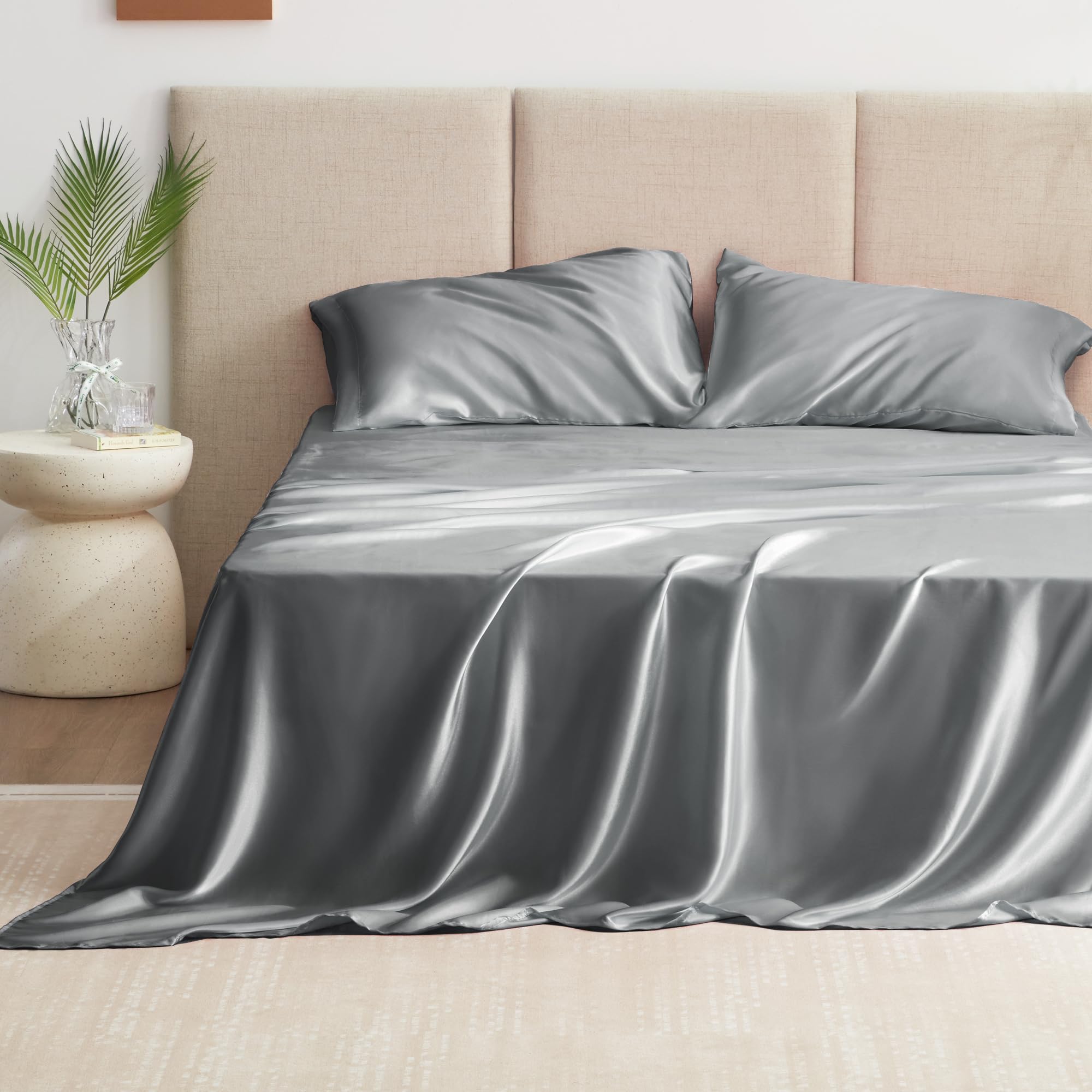 Love'S Cabin Satin Queen Sheets Set - 4 Piece Dark Grey Silky Satin Bed Sheets Queen Set With Deep Pocket, Luxury Silk Feel Satin Queen Size Sheet Set (1 Flat Sheet,1 Fitted Sheet,2 Pillow Cases)