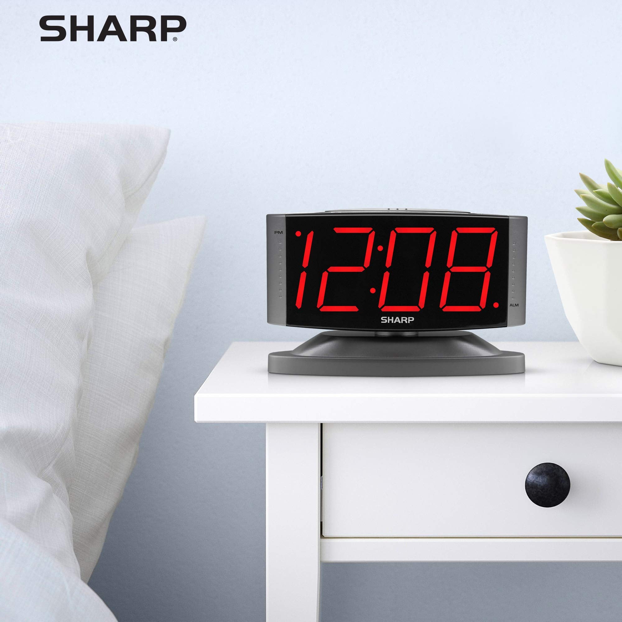 SHARP LED Digital Alarm Clock - Swivel Base, Outlet Powered, Big Red Display, Gun Metal Grey Case, Simple Operation, Snooze, Brightness Dimmer