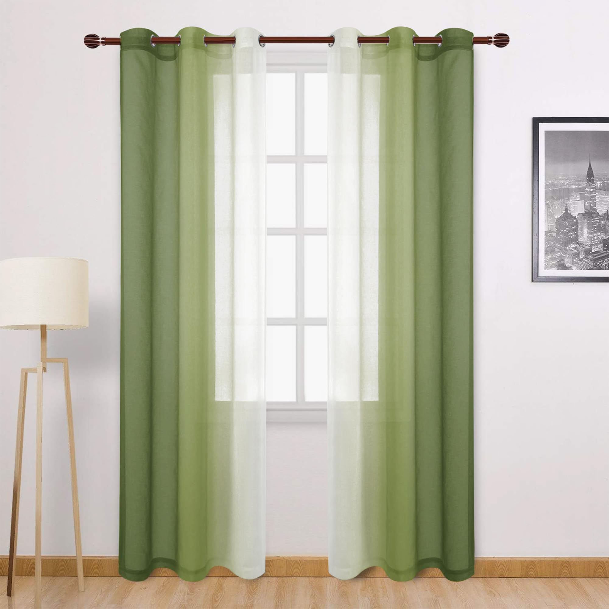 Dwcn Olive Green Ombre Sheer Curtains - 84 Inches Long Faux Linen Gradient Semi Voile Curtains For Bedroom And Living Room, Set