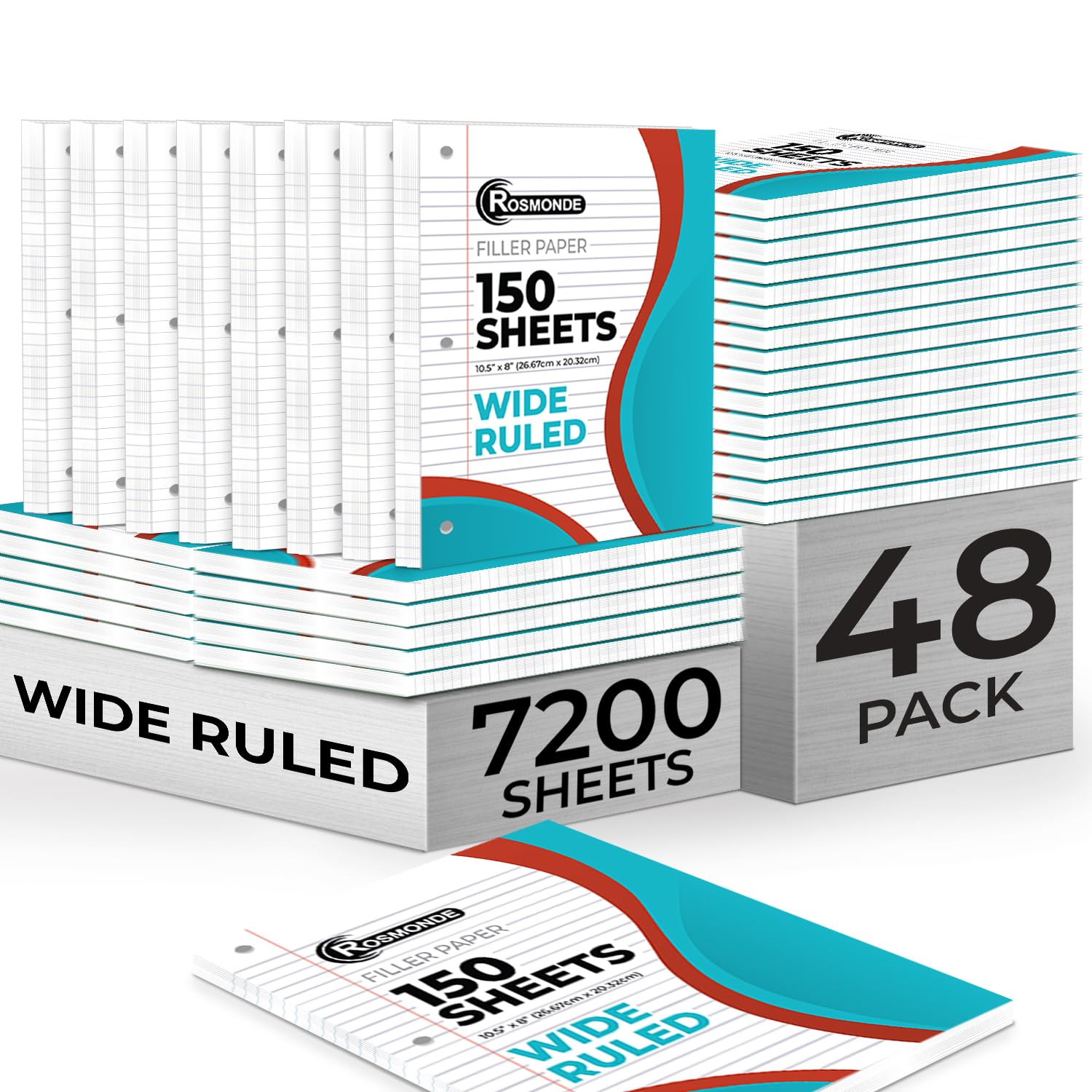 Rosmonde Loose Leaf Paper Bulk, 7200 Sheets, Wide Ruled, 8 X 10.5', Filler Papers For Office, 56 Gsm Thick Sheets, 3 Hole Punch