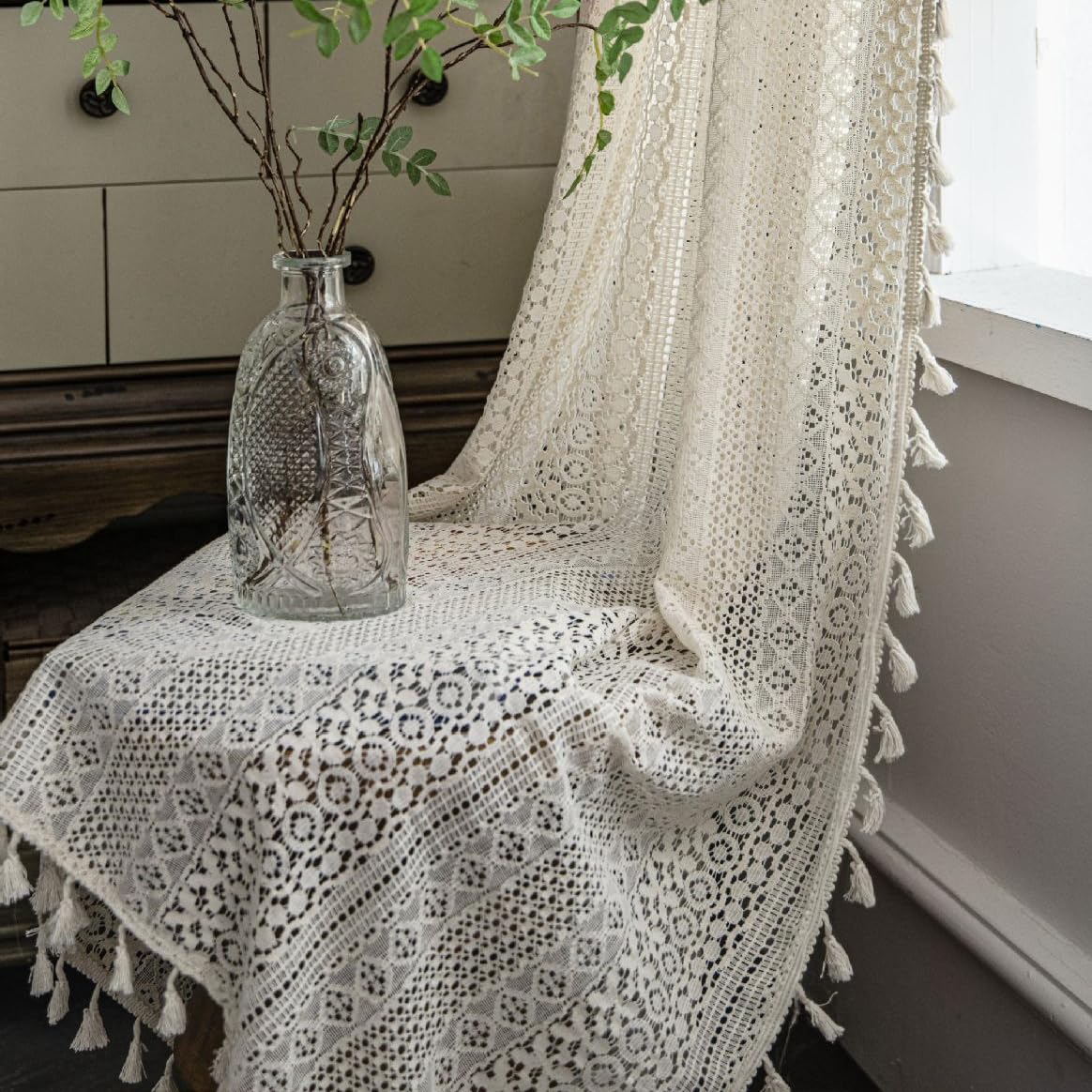 Wazzio Boho Crochet Semi Sheer Curtains 108 Inches Long 2 Panel Sets Farmhouse Vintage Geometry Knitted Lace Beige Drapes Retro