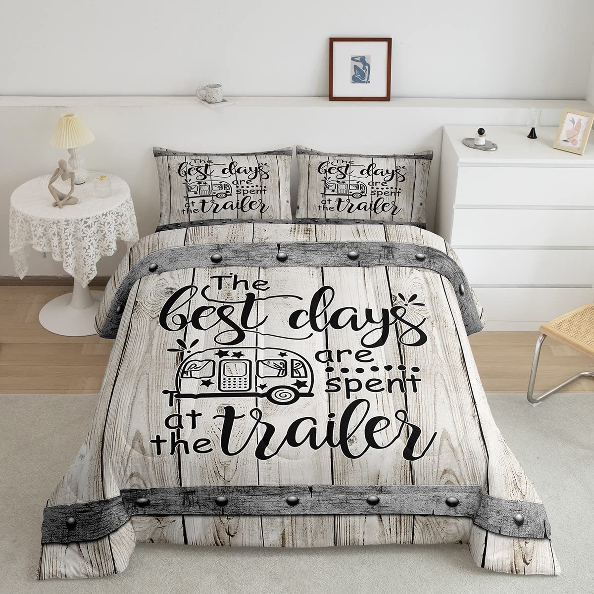 Camper Adventure Comforter Set Queen Size,Happy Camping Rv Trailer Decor Bedding Set 3Pcs For Kids Boys Girls Adults,Rustic Farm