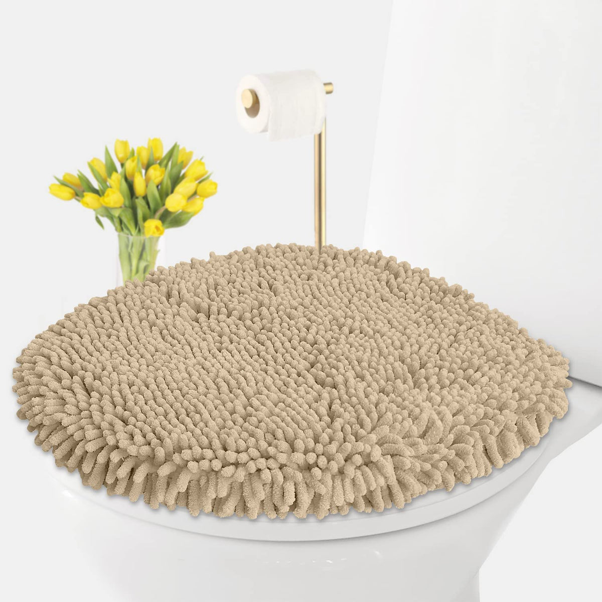 LuxUrux Toilet Lid Cover, Extra-Soft Plush Seat Cloud Washable Shaggy Microfiber Standard Toilet Lid Covers for Bathroom Machine