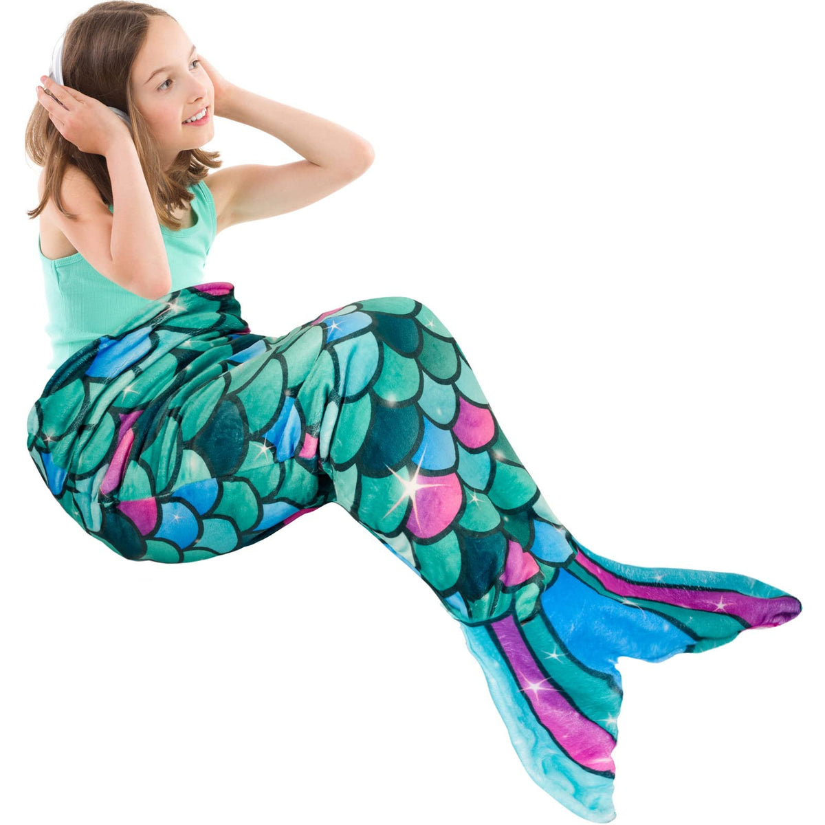 Mermaid Tail Blanket - Plush Mermaid Wearable Blanket For Girls Teens Soft Flannel Snuggle Blanket 55' X 24' (Green)