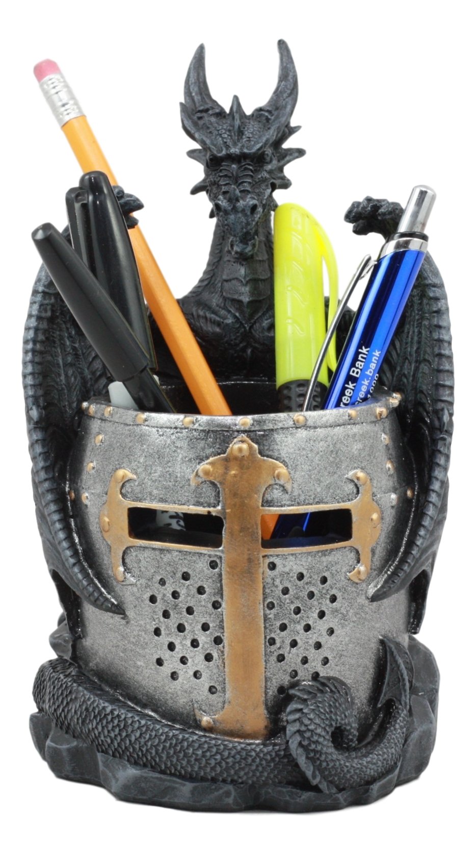 Ebros Medieval Fantasy Saint George Dragon Guarding Medieval Knight Helmet Stationery Pen Holder Statue 7'Tall Office Desktop F