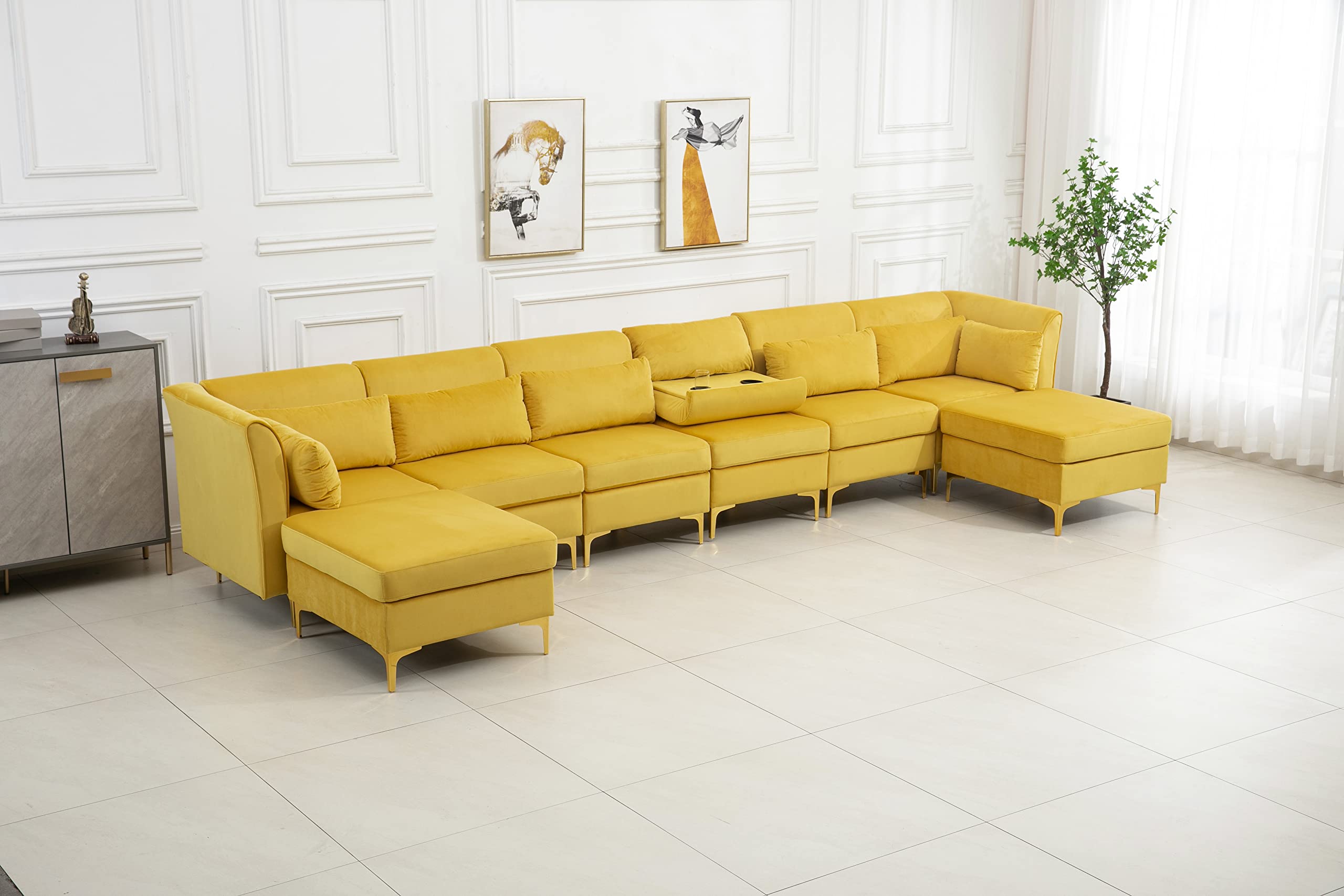 Lilola Home Jaka Yellow Woven Fabric 6-Seater Sofa with Dropdown Table and Ottoman