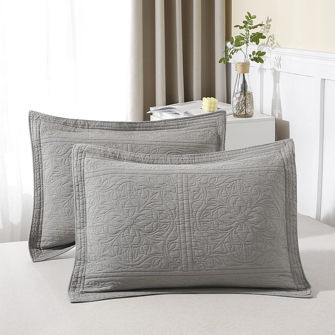 Winlife 100% Cotton Quilted Pillow Sham Floral Printed Pillow Cover King Size, Set Of 2, Grey