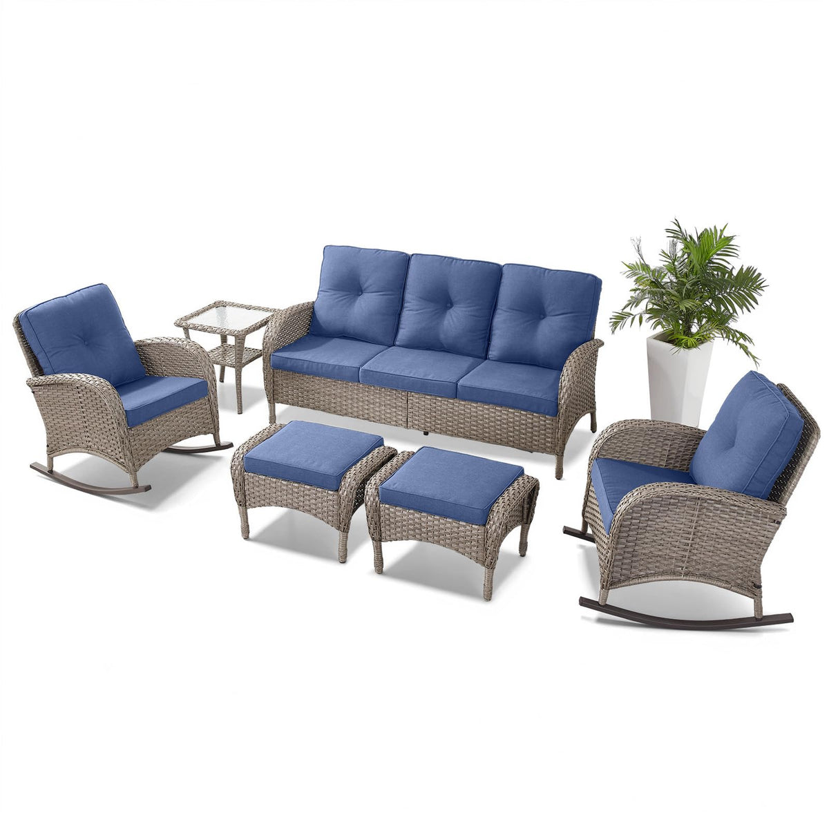 Belord 6 Pieces Patio Rocking Chairs Outdoor Furniture Set With Outdoor Couch And Ottoman Conversation Patio Furniture Set Perfect For Deck Sunroom Backyard