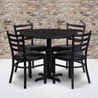 Flash Furniture Carlton 36'' Round Black Laminate Table Set with X-Base and 4 Ladder Back Metal Chairs - Black Vinyl Seat
