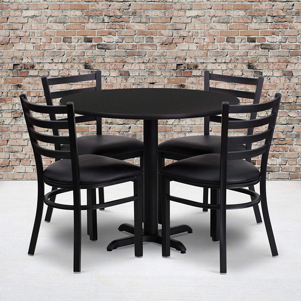 Flash Furniture Carlton 36'' Round Black Laminate Table Set with X-Base and 4 Ladder Back Metal Chairs - Black Vinyl Seat