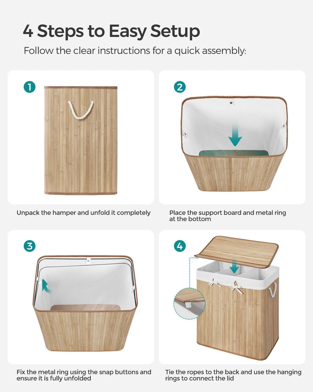 Songmics Laundry Hamper, 39.6 Gallons (150L), 3-Section Laundry Basket, Laundry Hamper With Lid, Bamboo, Foldable, Removable And