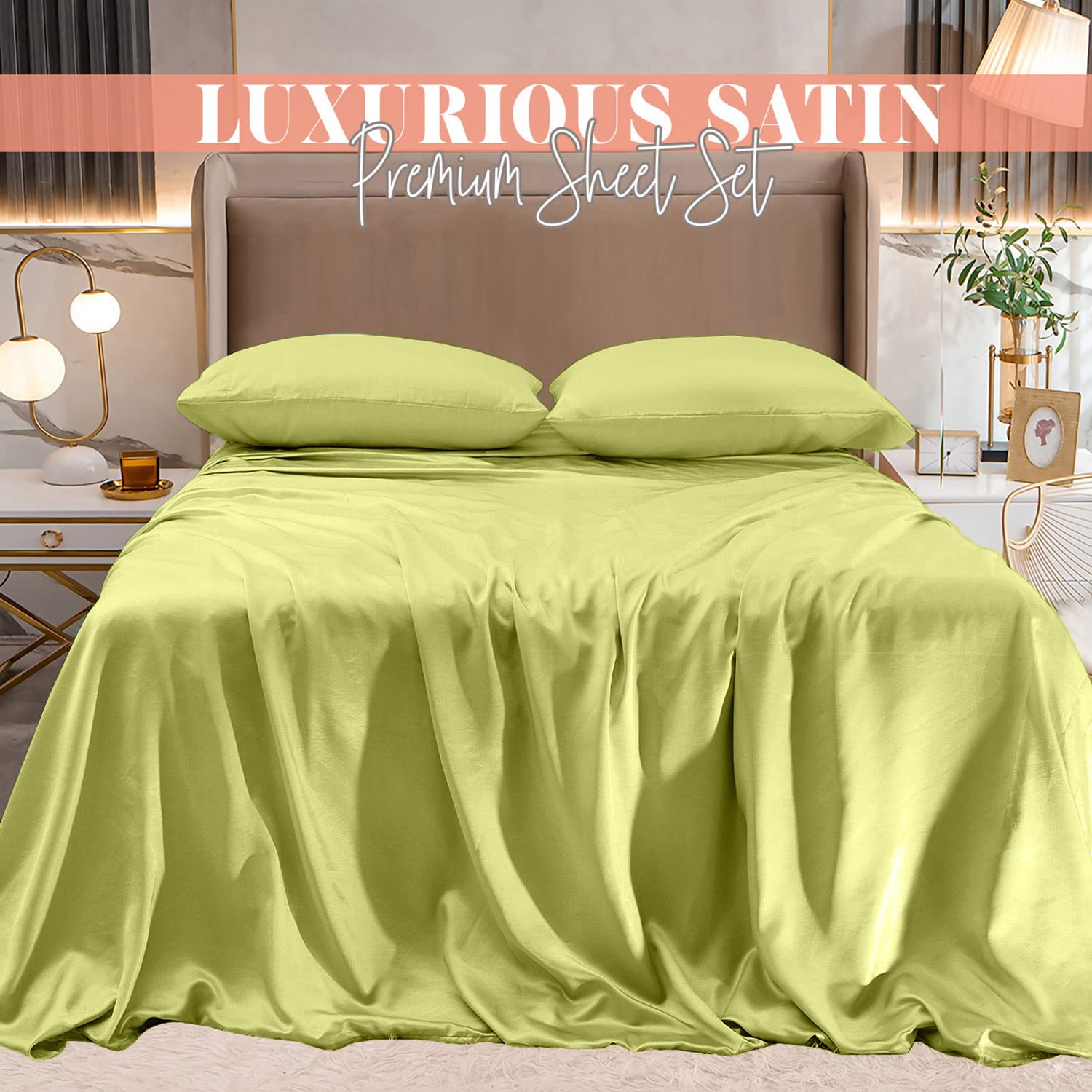 Elegant Comfort Luxurious 4-Piece Silky Satin Sheet Set, Skin And Hair Friendly, Wrinkle, Fade, Stain Resistant With Deep Pockets Fitted Sheet, Cooling Soft Satin Sheets, Cali King, Pistachio Green