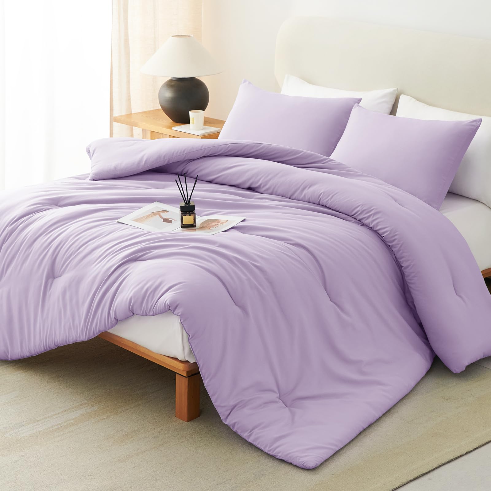 Cozylux Lavender Purple Comforter Set Full Size, 3 Pieces Solid Breathable Quilted Boho Style Bedding Sets, Luxury Fluffy Soft Microfiber Comforter For All Season(1 Comforter & 2 Pillowcases)