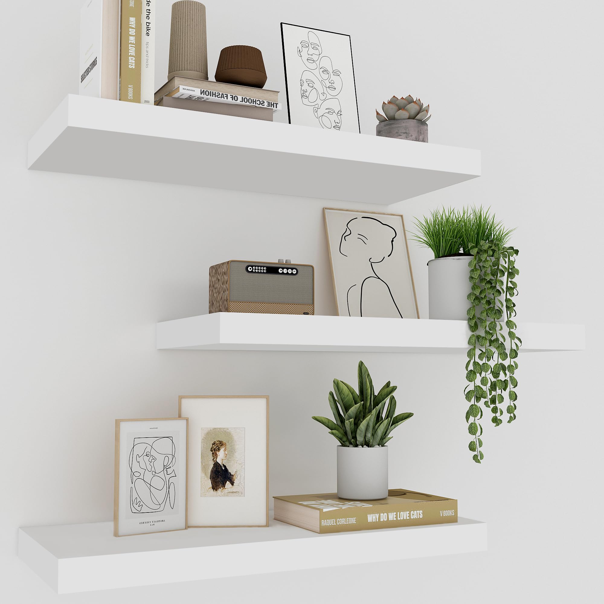 Upassion White Floating Shelves for Wall Set of 3, 16'' White Wall Shelves for Home Decor, Frame Display Wall Mounted White Floa
