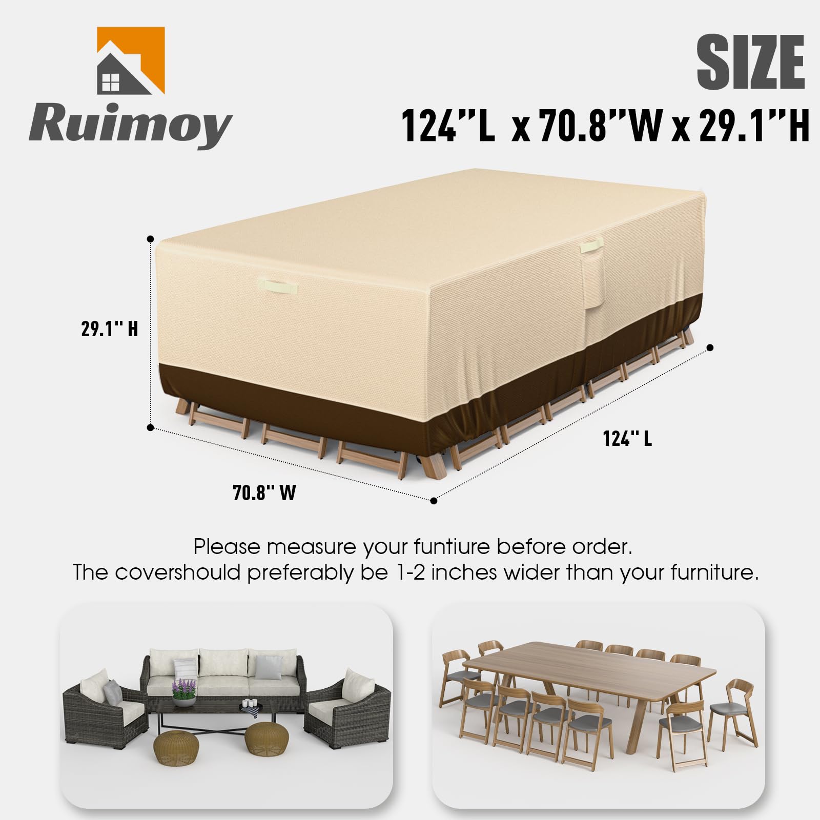 Ruimoy Patio Furniture Covers, Outdoor Furniture Cover Waterproof, General Purpose, Outside Table And Chair Covers, Heavy Duty 600D (124 Inch L X 70.8 Inch W X 29.1 Inch H)-Brown