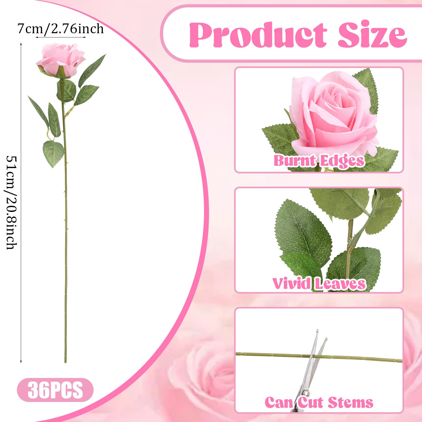 Hoemwarm 36 Pcs Silk Pink Roses Bouquet Bridal Artificial Flowers Mothers Day,Fake Rose Long Stem Realistic Artificial Flowers B