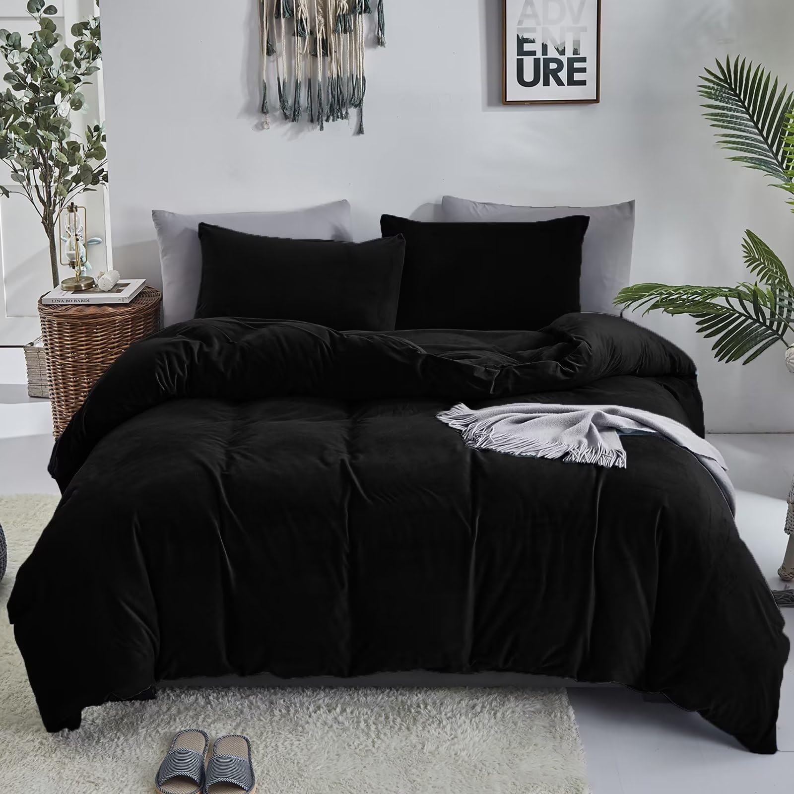 Luxlovery Black Velvet Comforter Set Full Plush Fluffy Black Flannel Bedding Comforter Set Minimalist Bedding Set Heavyweight Bl