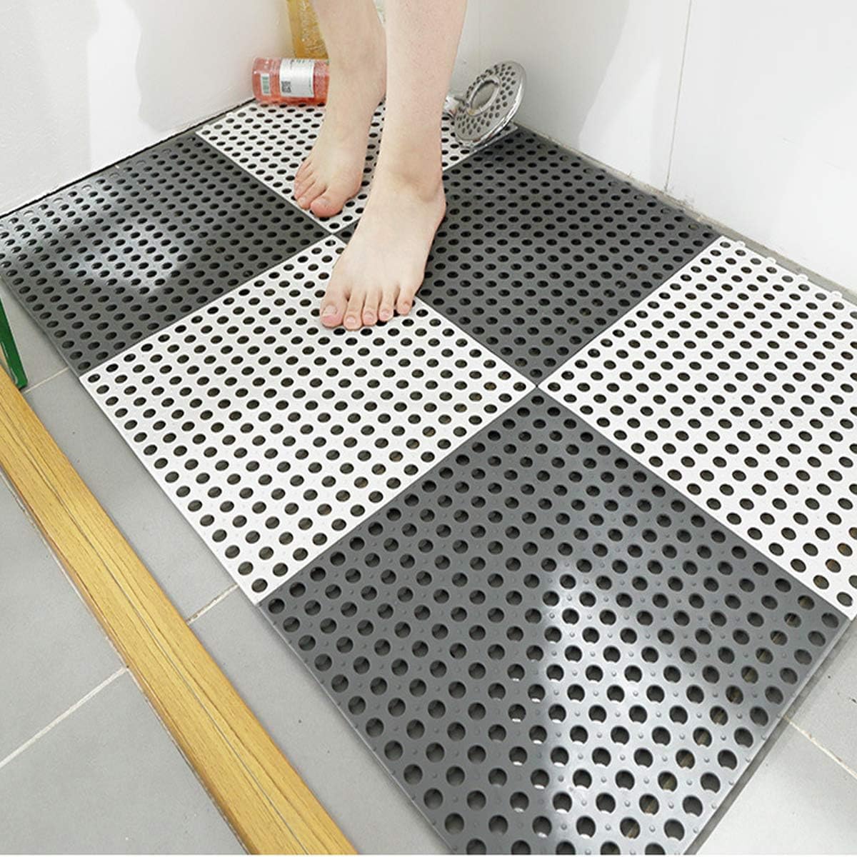 FLIPXEN Interlocking Rubber Floor Tiles Mats Bathroom Tile with Drain Holes Massage Soft Cushion Flooring Tiles for Pool Shower 