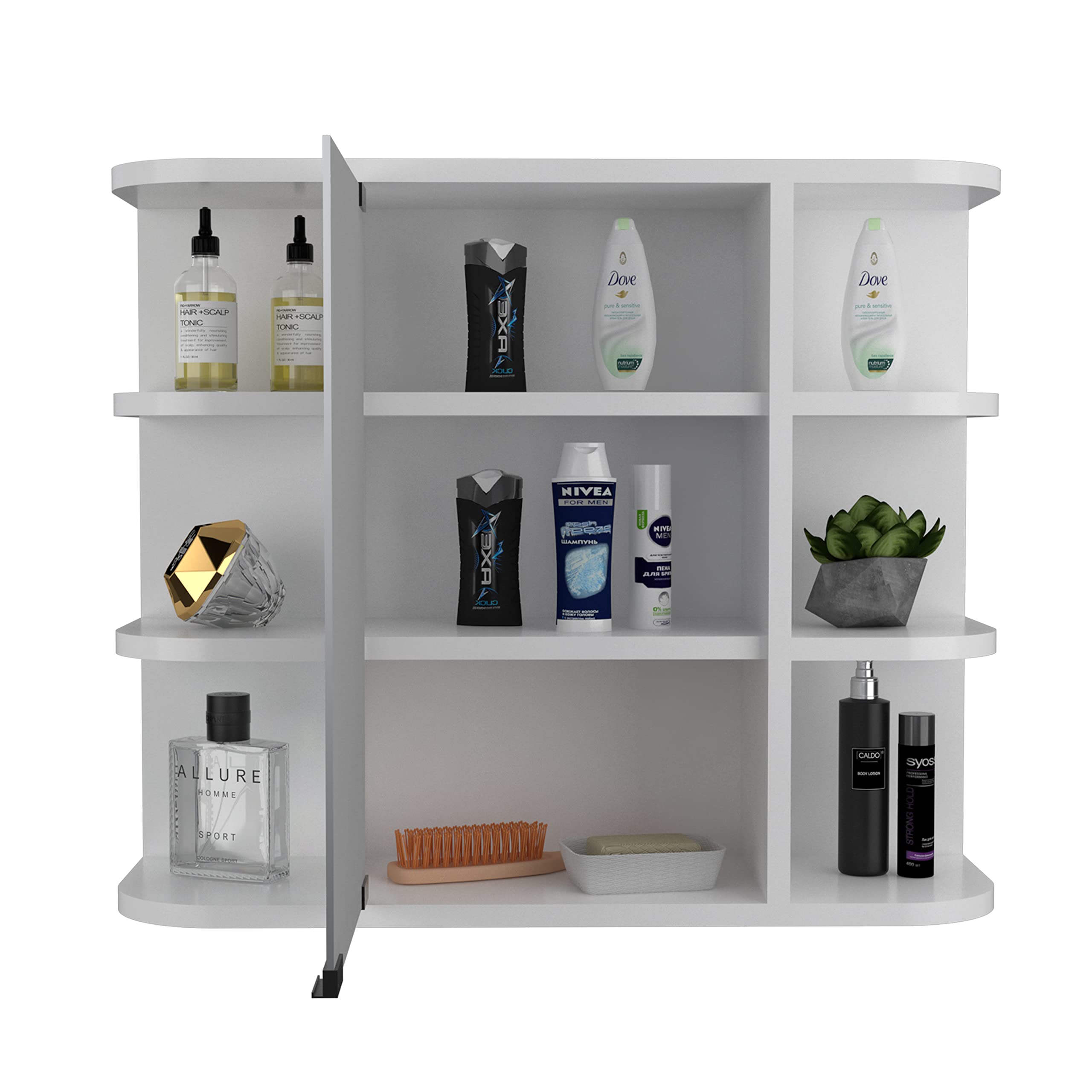 Mirrored 19H Medicine Cabinet, 6 External Shelves, 3 Interior Shelves, White