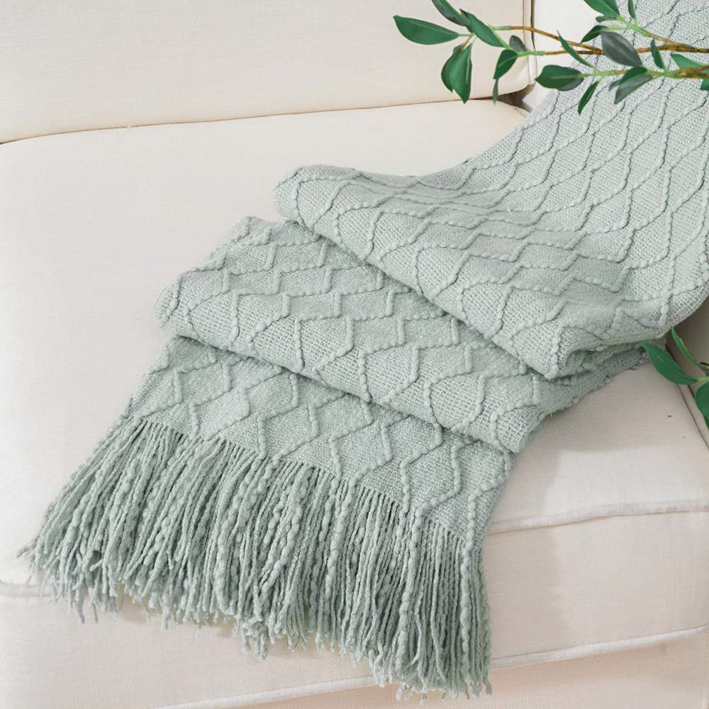 Battilo Home Sage Green Throw Blanket For Couch, Light Blue Knit Throw Blanket, Decorative Textured Sage Throw For Home Decor, 5