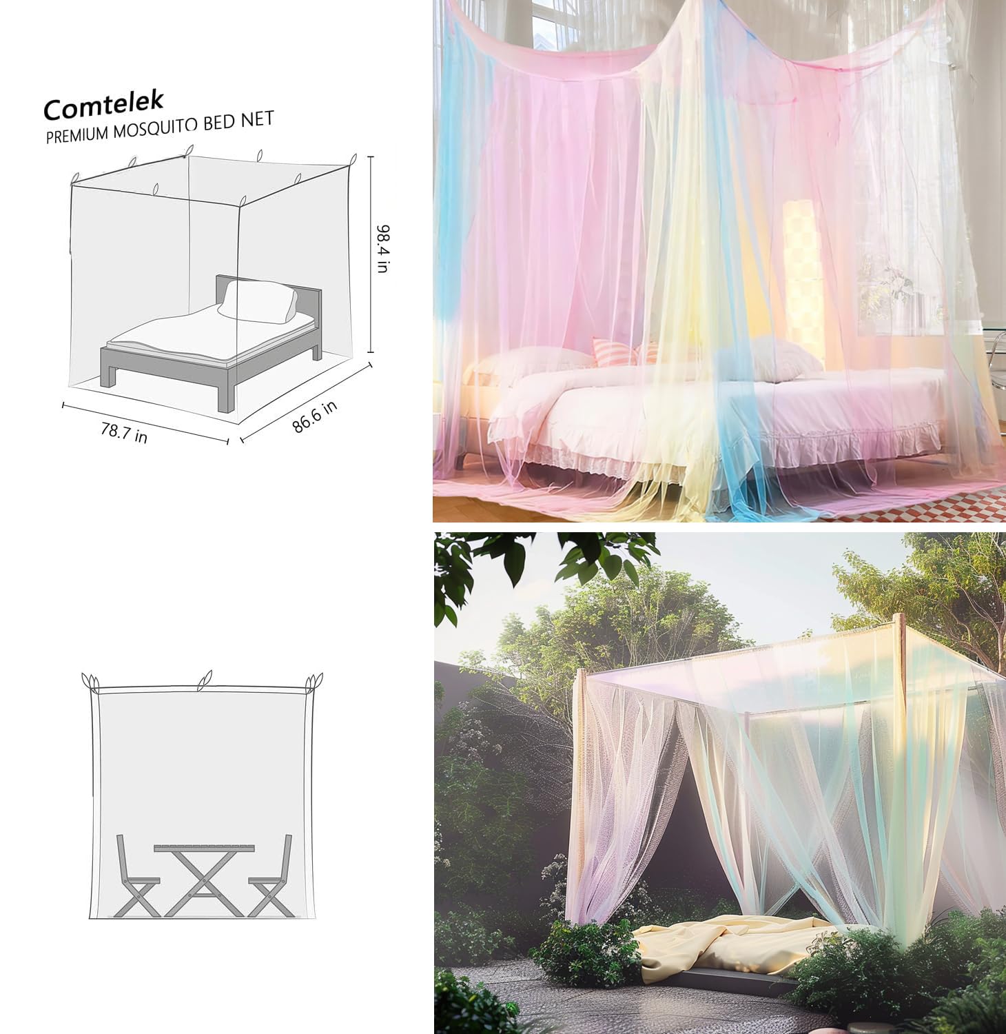 Curtains Bed Canopy Rainbow Mosquito Net For Bed Canopy Four Corner Post Elegant Mosquito Net Set, Stick Hook &Profession Rope F