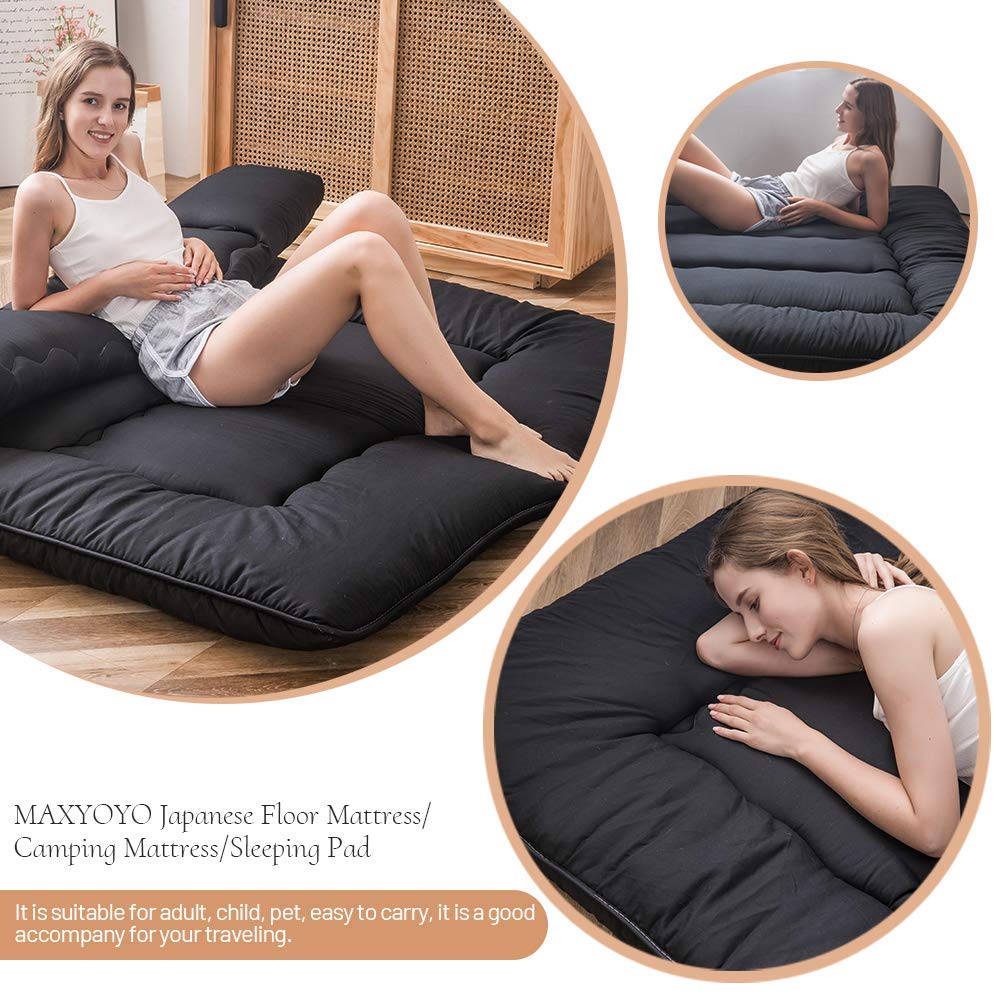 Maxyoyo Japanese Floor Mattress Futon Mattress, 4' Thicken Tatami Mat Sleeping Pad Foldable Roll Up Mattress Boys Girls Dormitory Mattress Pad Kids Floor Lounger Pillow Bed, Black, Twin Size