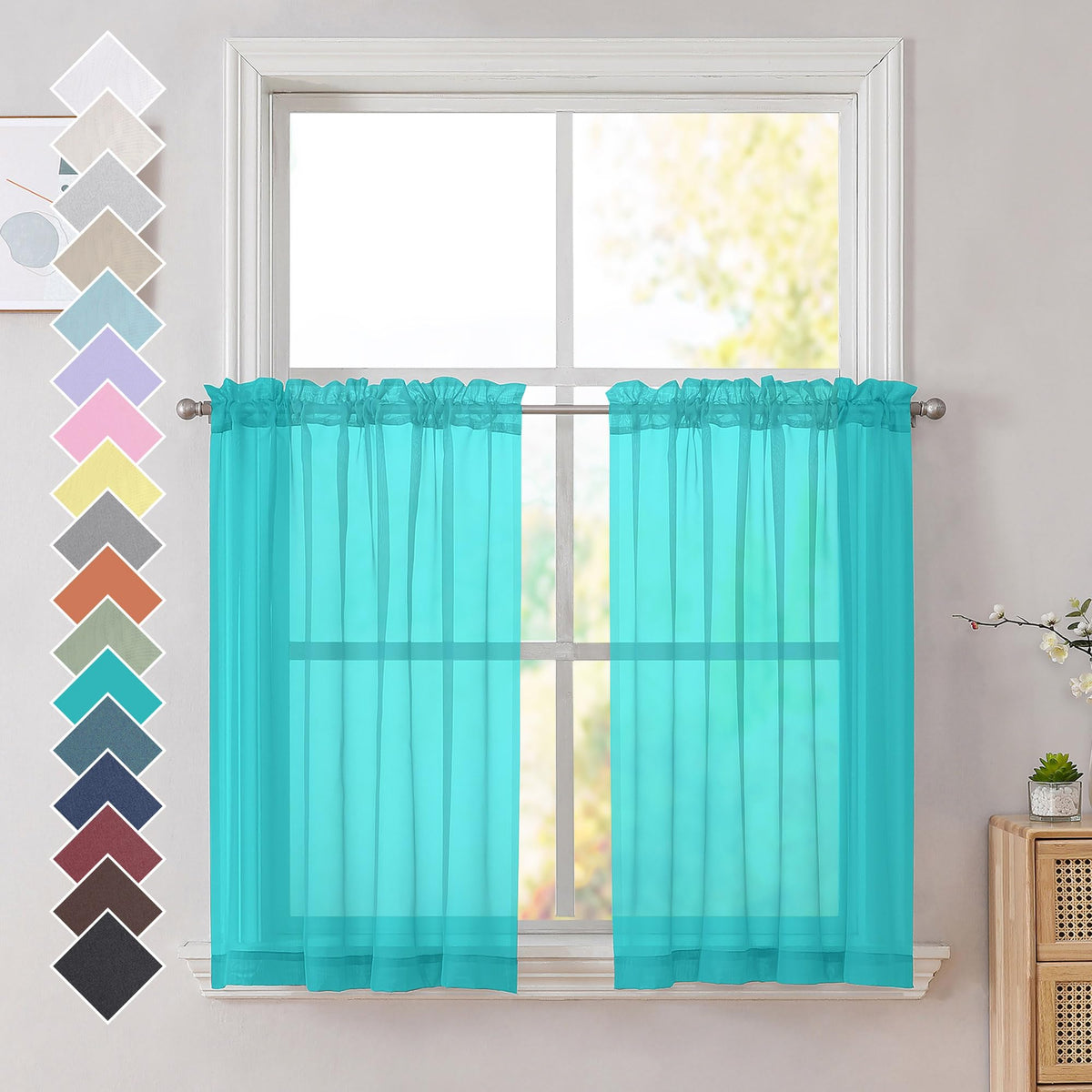Ovzme Turquoise Sheer Curtains 36 Inches Long, Short Kitchen Window Treatment Solid Sheers Cafe Curtains Bathroom Voile Half Win