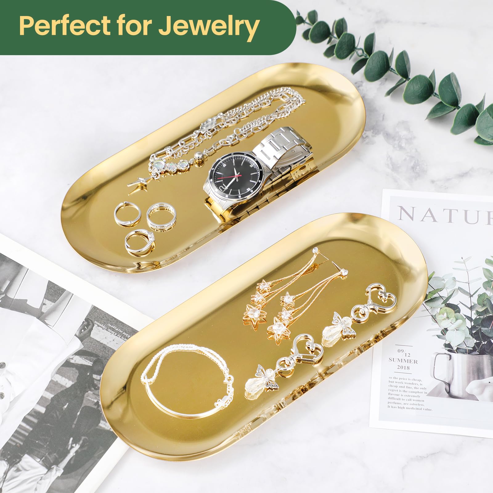 2Pack Gold Decorative Tray, Bathroom Vanity Tray For Dresser Counter, Kitchen Sink Tray For Soap Dispensers, Stainless Steel Jew