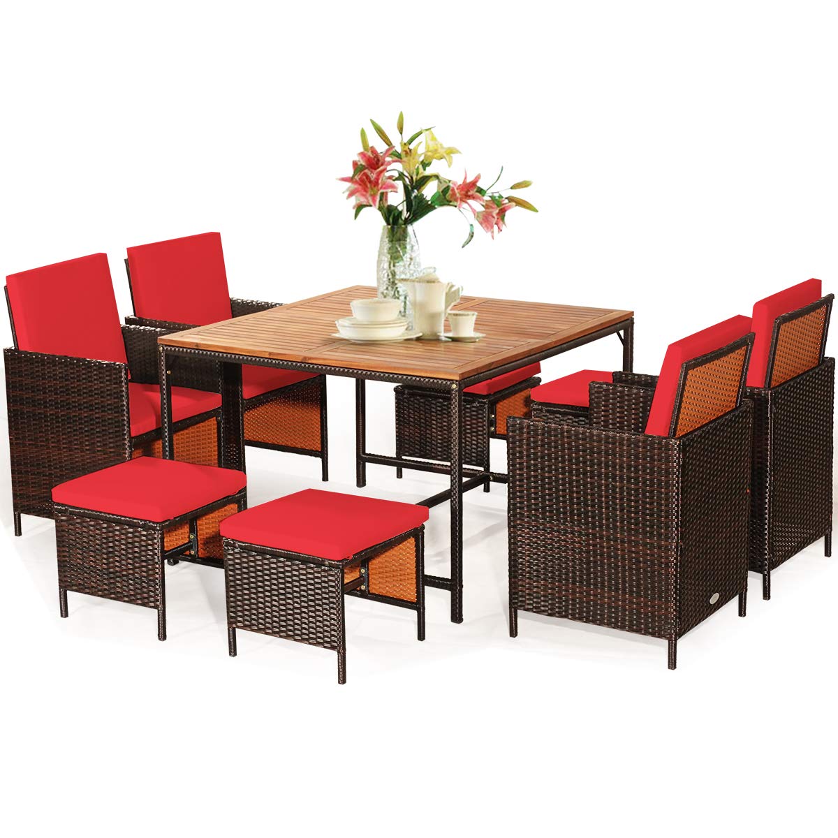Tangkula 9 Pieces Acacia Wood Patio Dining Set, Space Saving Wicker Chairs And Wood Table With Umbrella Hole Outdoor Furniture Set, Suitable For Garden, Yard, Poolside, Outdoor Seating Set