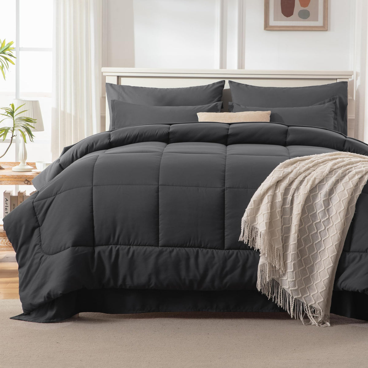 Andency Dark Grey Full Size Comforter Sets - 7 Pieces Reversible Bed In A Bag, Fluffy Warm Chic Bedding Sets With Comforters, Sh