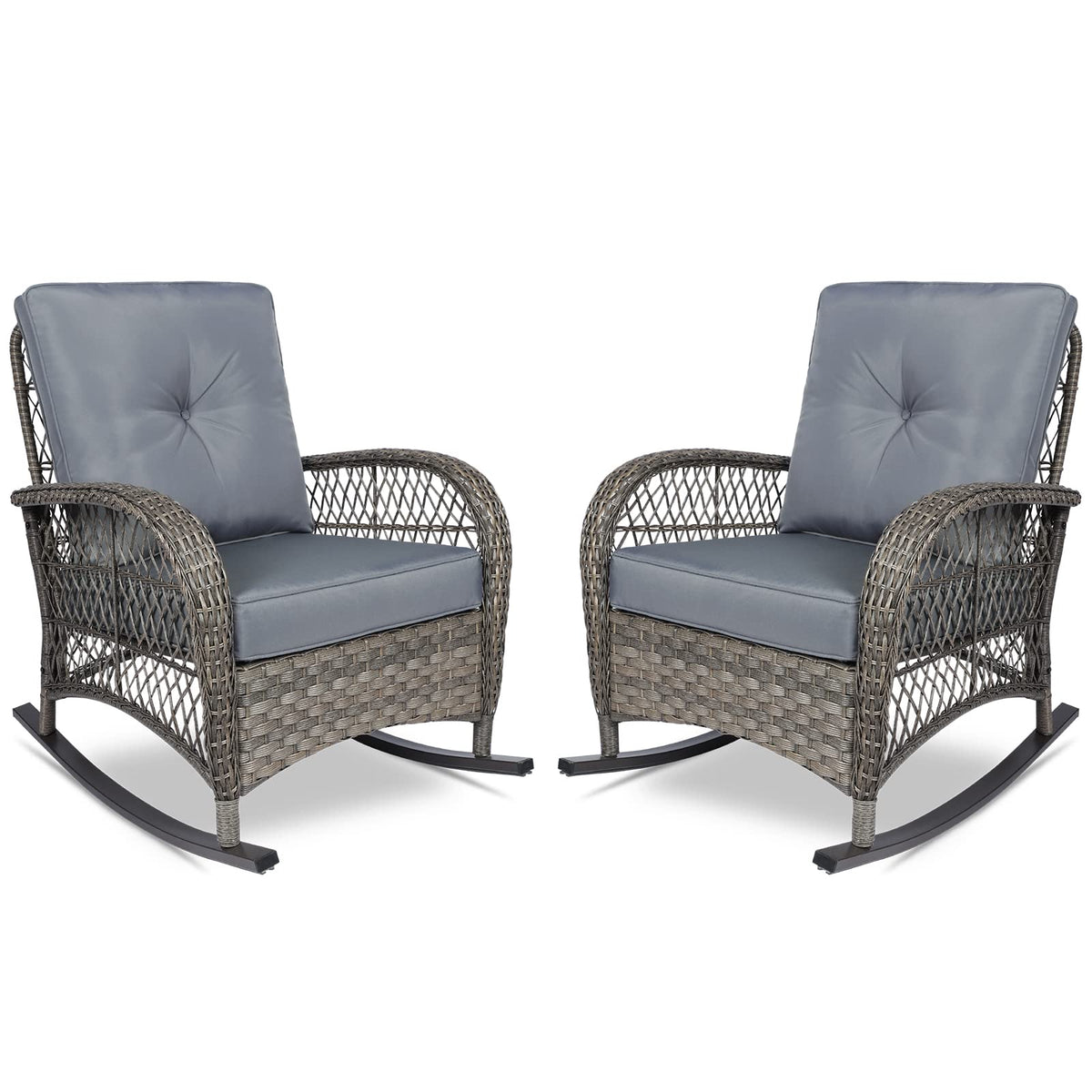 Vivijason 2 Piece Patio Wicker Rattan Rocker Chair, Outdoor Rattan Rocker Chair With Cushions & Steel Frame, All-Weather Rocking Lawn Wicker Furniture For Garden Backyard Porch (Grey)