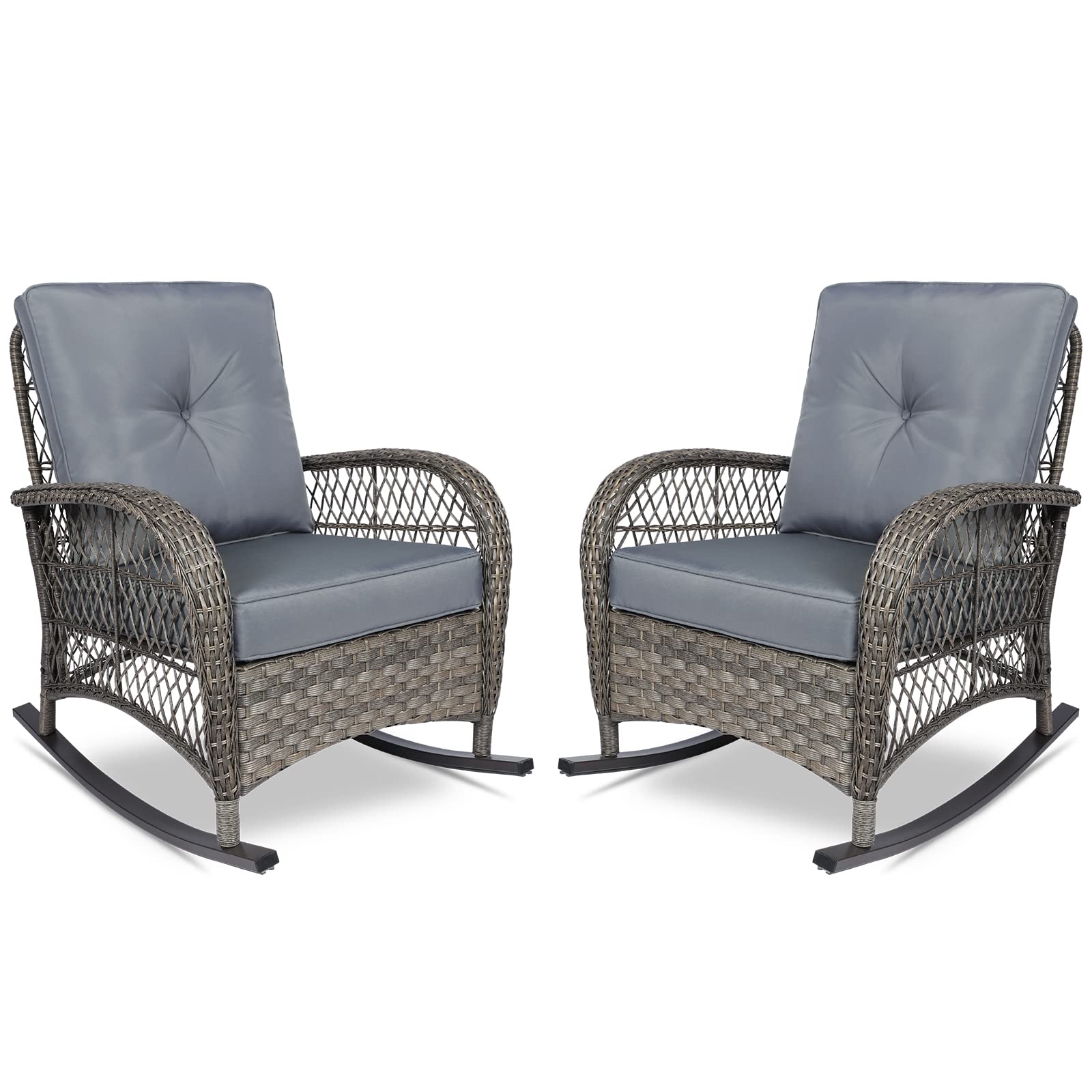 Vivijason 2 Piece Patio Wicker Rattan Rocker Chair, Outdoor Rattan Rocker Chair With Cushions & Steel Frame, All-Weather Rocking Lawn Wicker Furniture For Garden Backyard Porch (Grey)