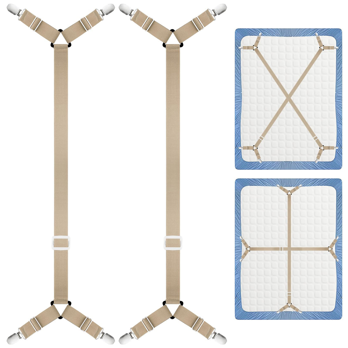 Morcheiong 2 Pack Bed Sheet Fasteners Straps Adjustable Bed Sheet Holder Bands with Sheet Clips for Bedding Stays Bedsheet Tie D