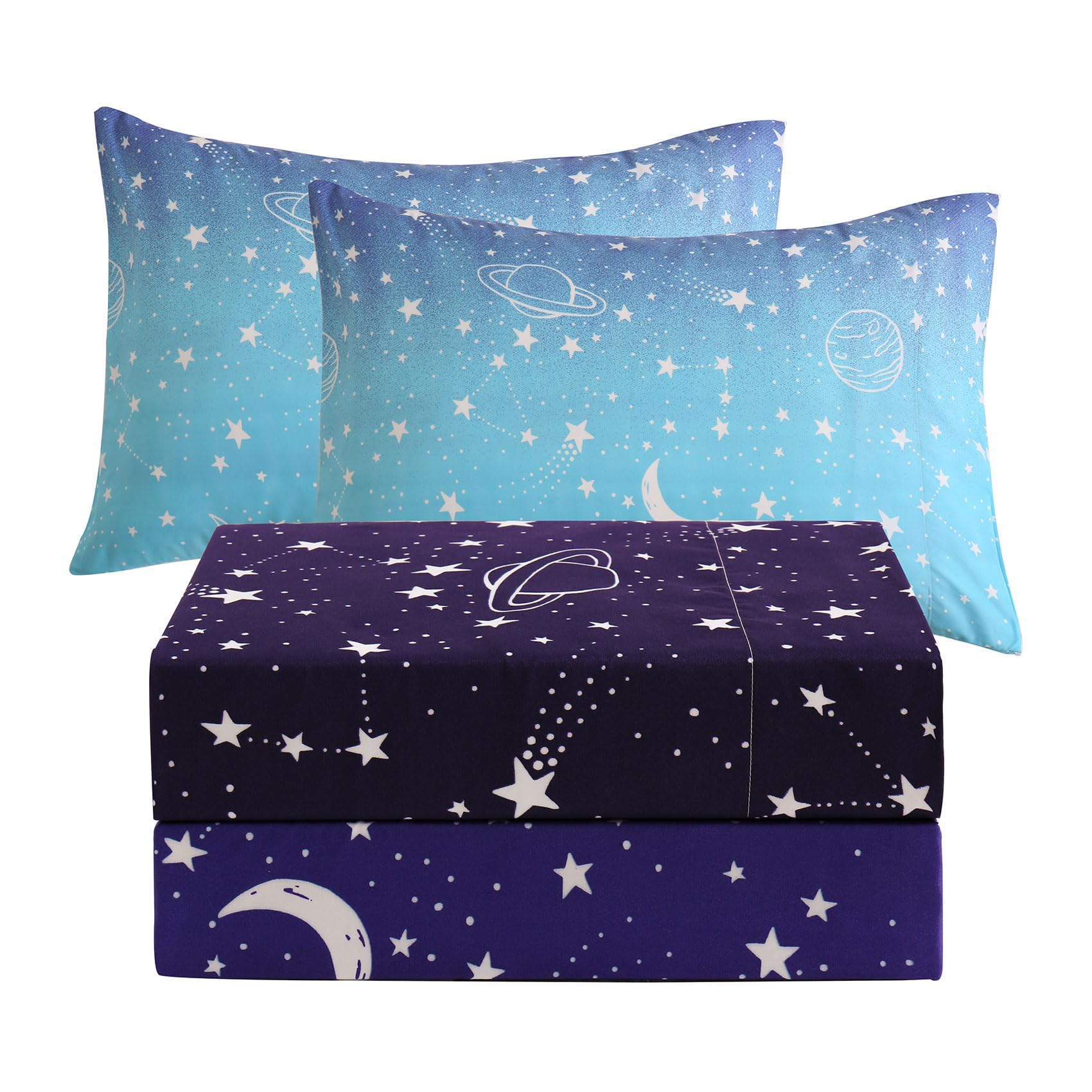 Jsd Gradient Blue Moon Stars Kids Sheet Set Full Size, 4 Piece Space Theme Microfiber Sheets Deep Pocket