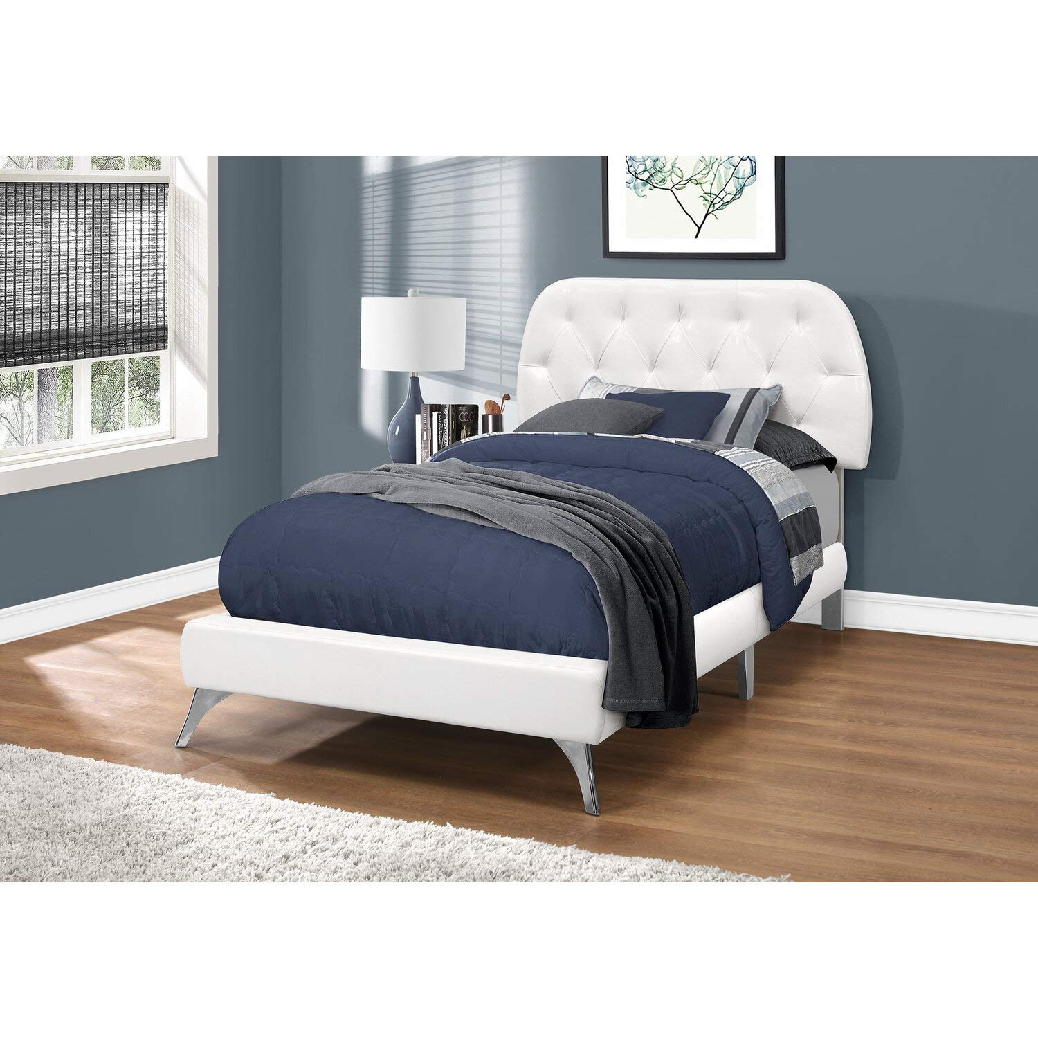 Monarch Specialties Twin Size/White Leather-Look With Chrome Legs Bed