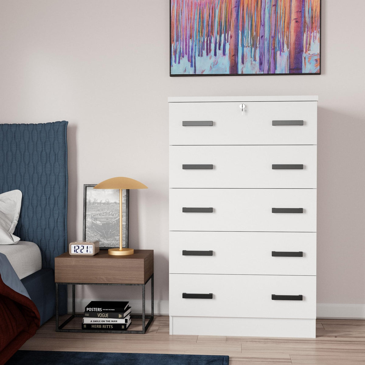 Better Home Products 5 Drawer Chest-Dresser With Lock (White), Wc5Chest