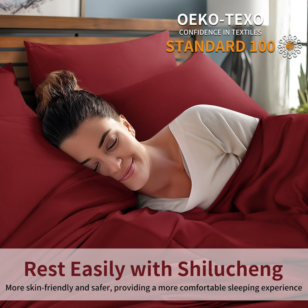 Shilucheng 6 Piece King Sheet Sets, Cooling Sheets, Blend Rayon Derived From Bamboo, Deep Pocket Up To 16', Breathable & Soft Bed Sheets, Hotel Silky Bedding Set, Burgundy
