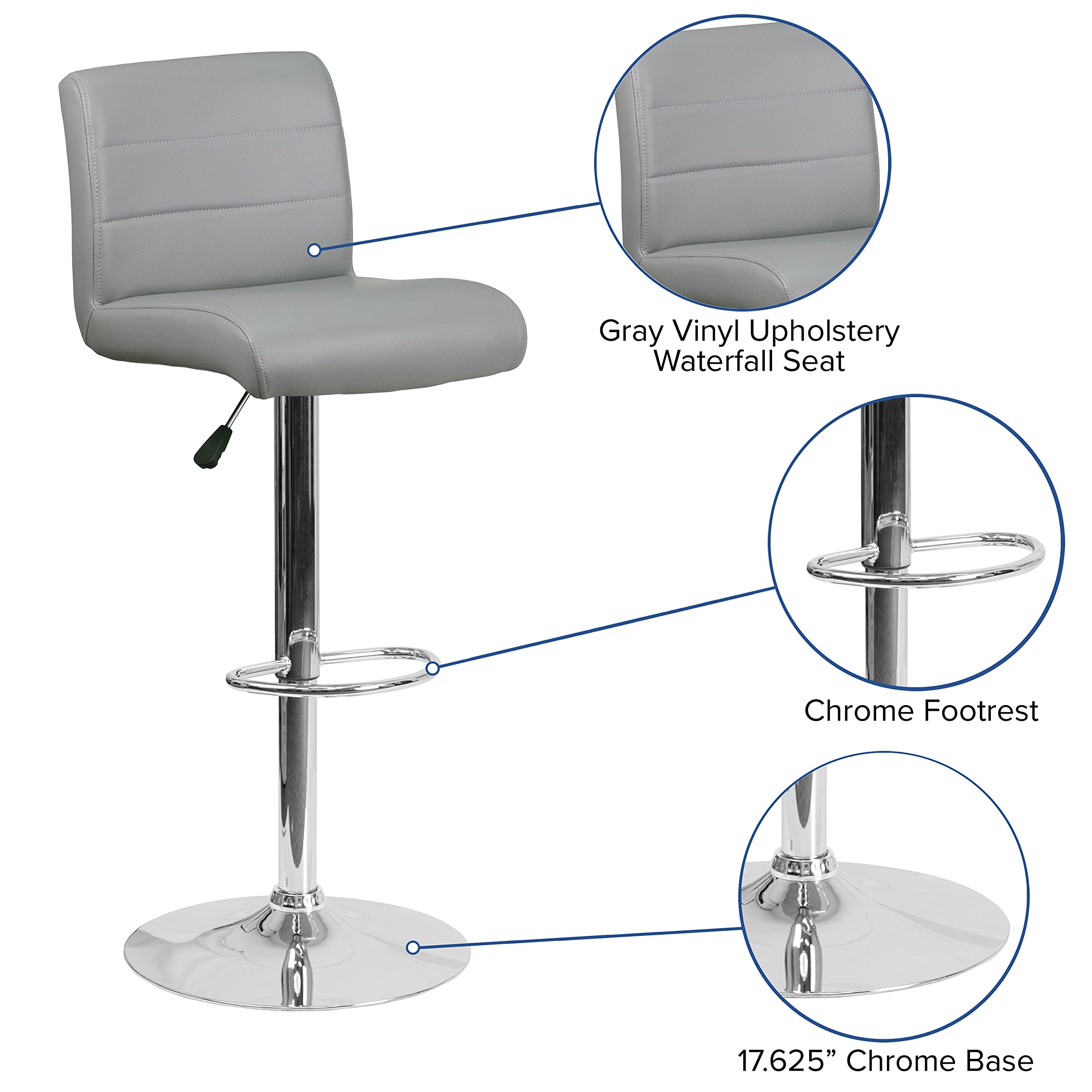 Flash Furniture Contemporary Gray Vinyl Adjustable Height Barstool with Rolled Seat and Chrome Base