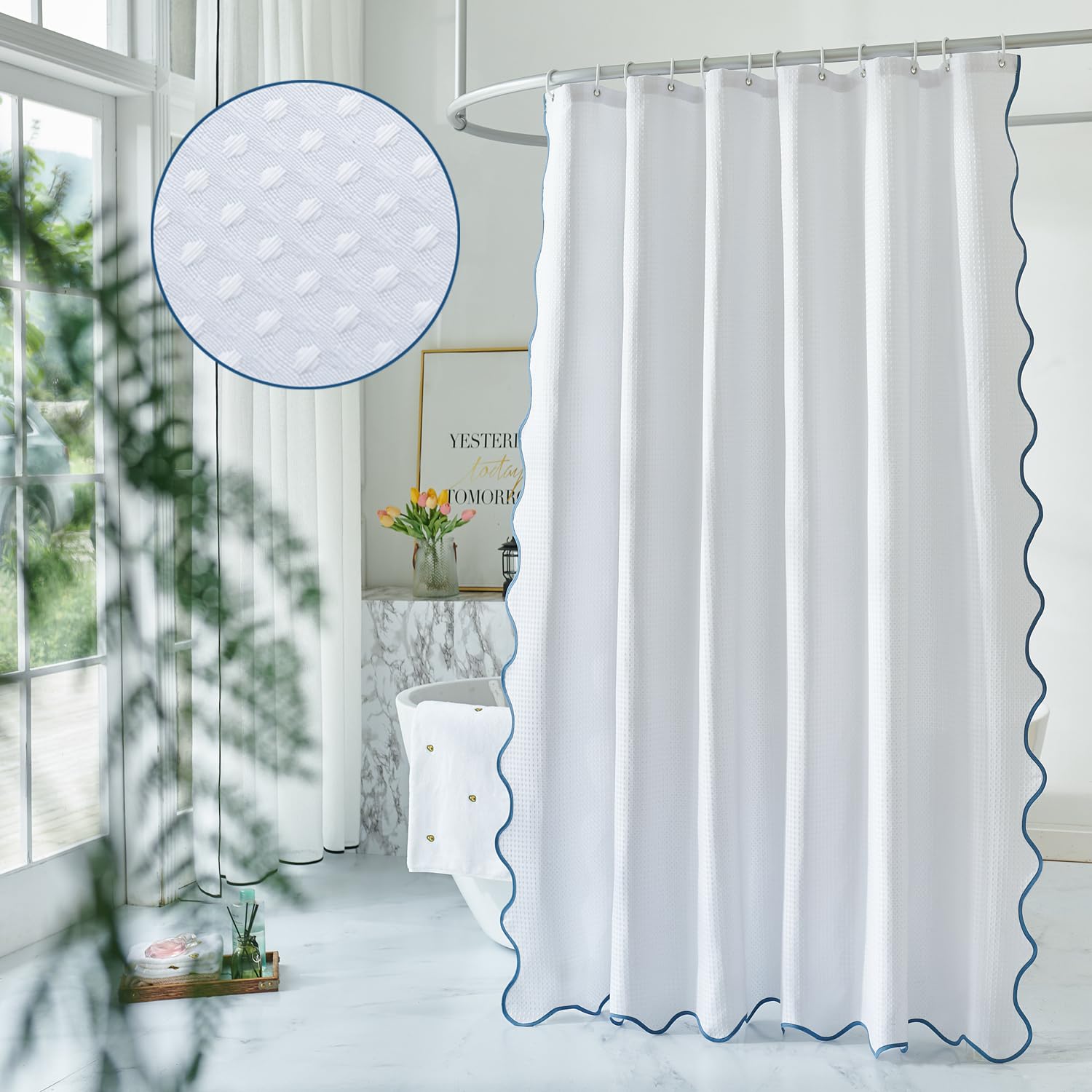 Youngseahome Waffle Weave 230Gsm Heavy Duty Fabric With Water Blue Scalloped Border Shower Curtain,Boho Chic Cloth Shower Curtai