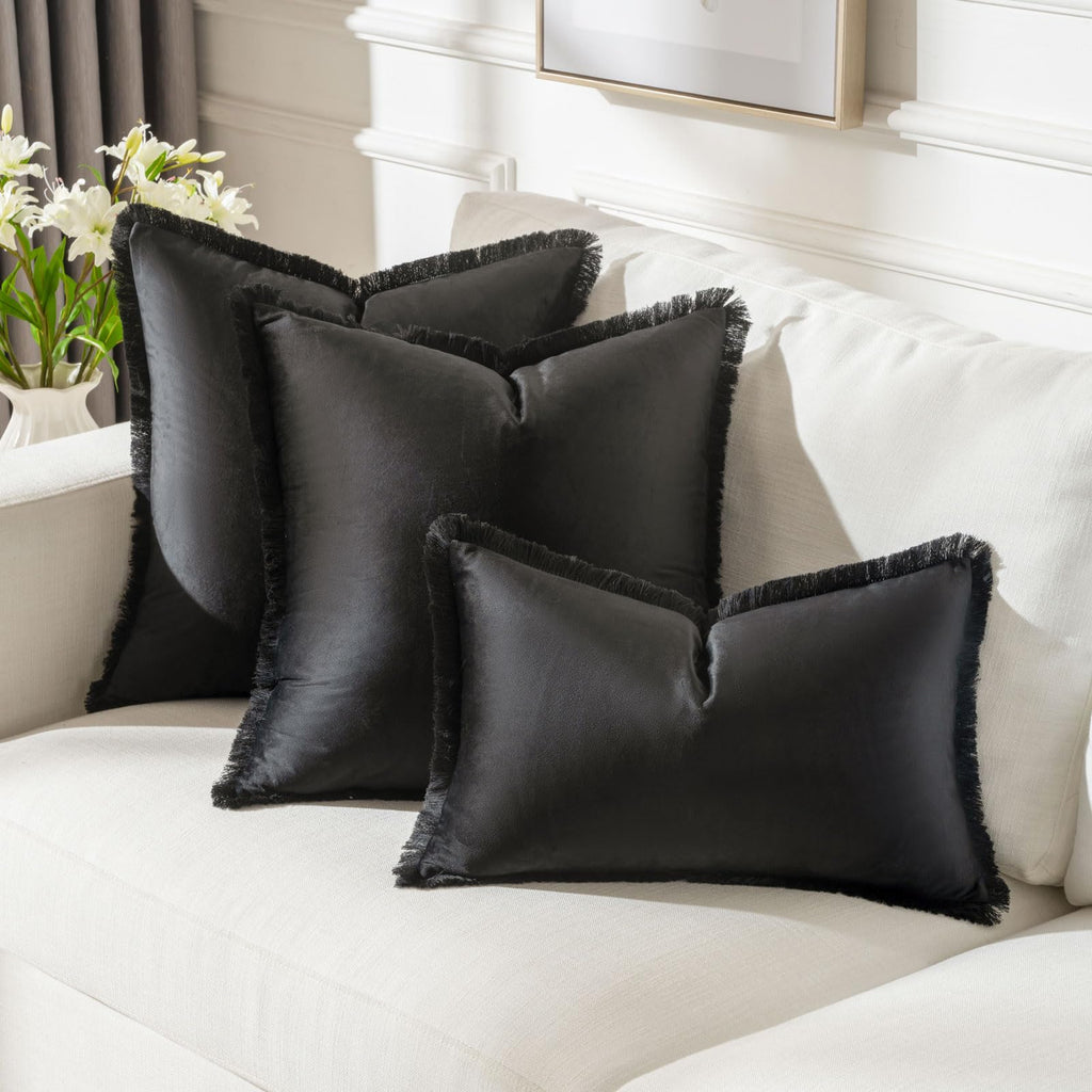 Futei Black Boho Throw Pillow Covers With Tassels 12X20 Inch Set Of 2,Soft Velvet Lumbar Pillow Cases,Home Decor For Couch Livin