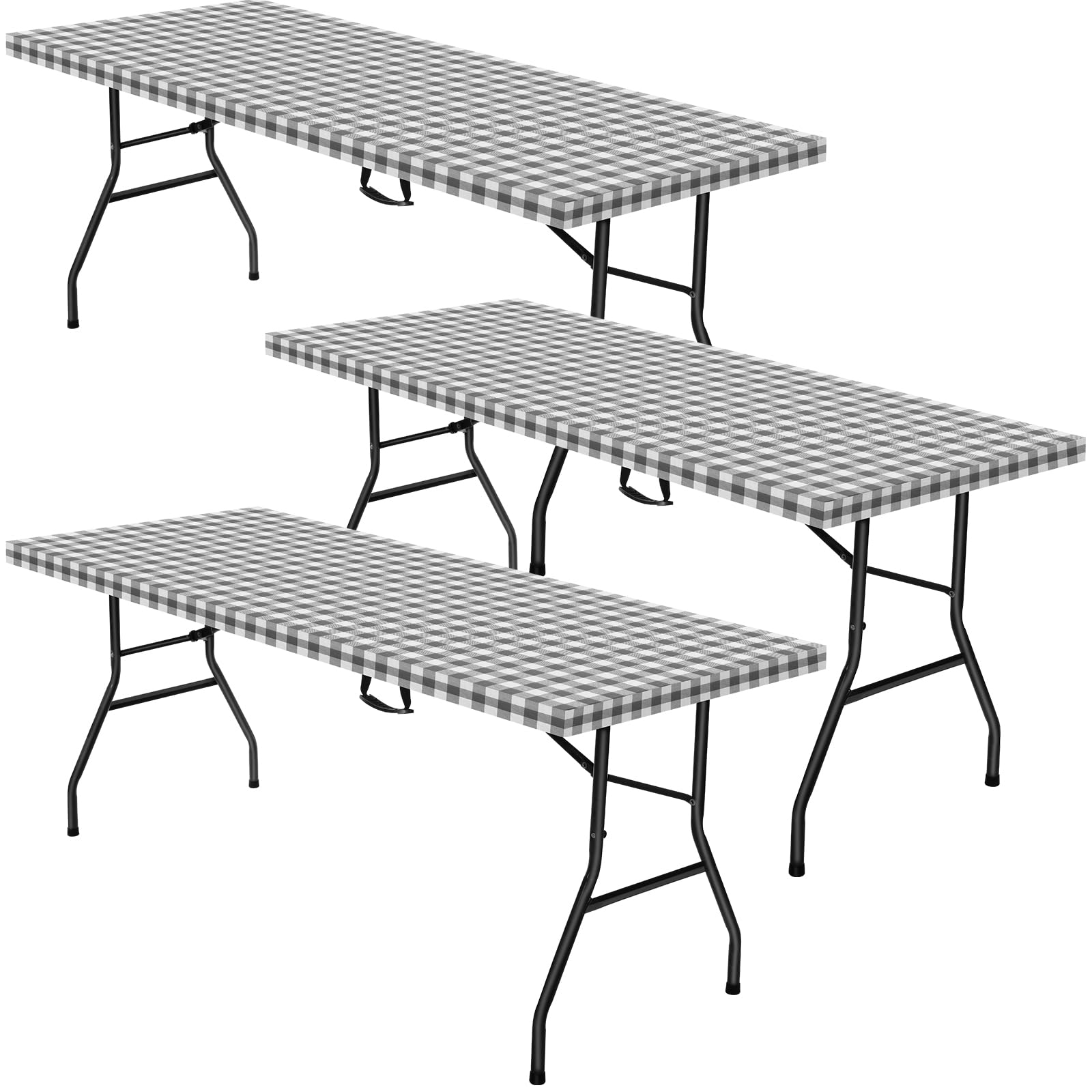 3 Pcs Plastic Picnic Table Cover Checkered Tablecloth Fitted Rectangular Table Cloth 30 X 72 Inch Vinyl Waterproof Flannel Backed With Elastic Rim For Indoor Outdoor Picnic Party(Gray And White)