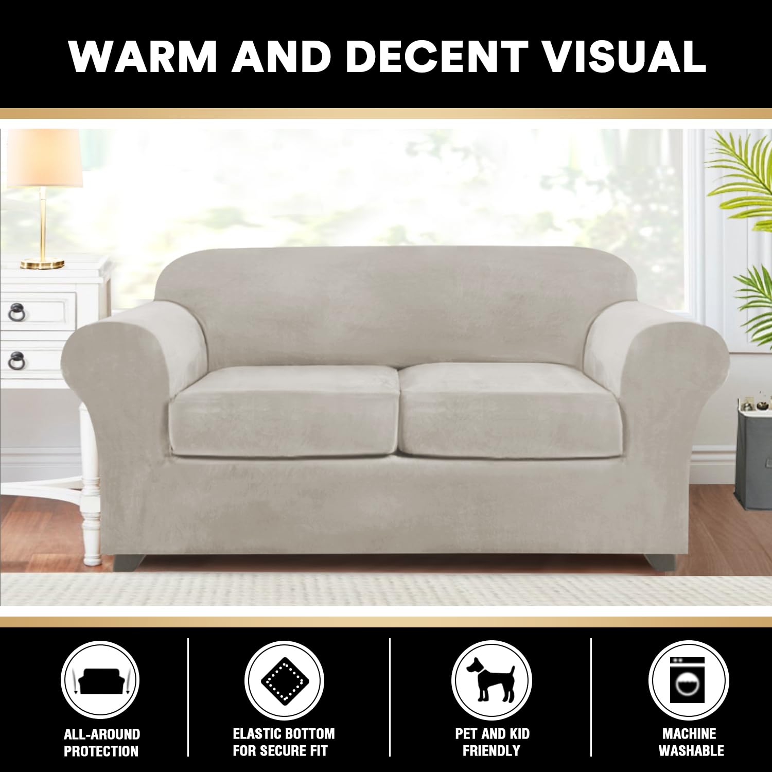 Princedeco 3 Pieces Couch Covers Soft Velvet Couch Covers For 2 Cushion Sofa Loveseat Covers Width Up To 72 Inch Anti Slip Love Seat Furniture Protector, Machine Washable(Medium, Oatmeal)